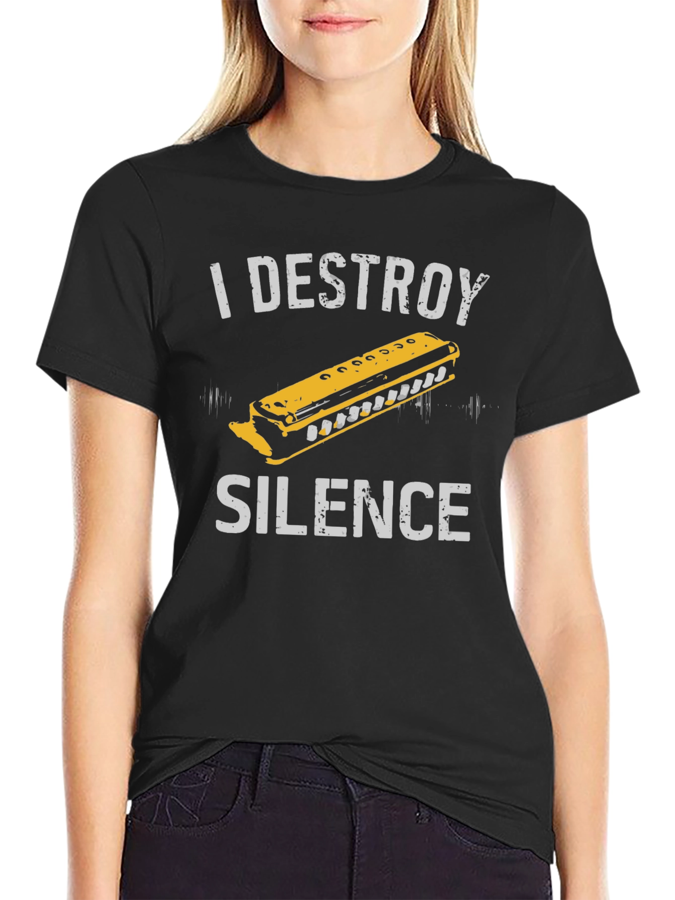 Black I Destroy Silence Harmonica Graphic Tee view 2