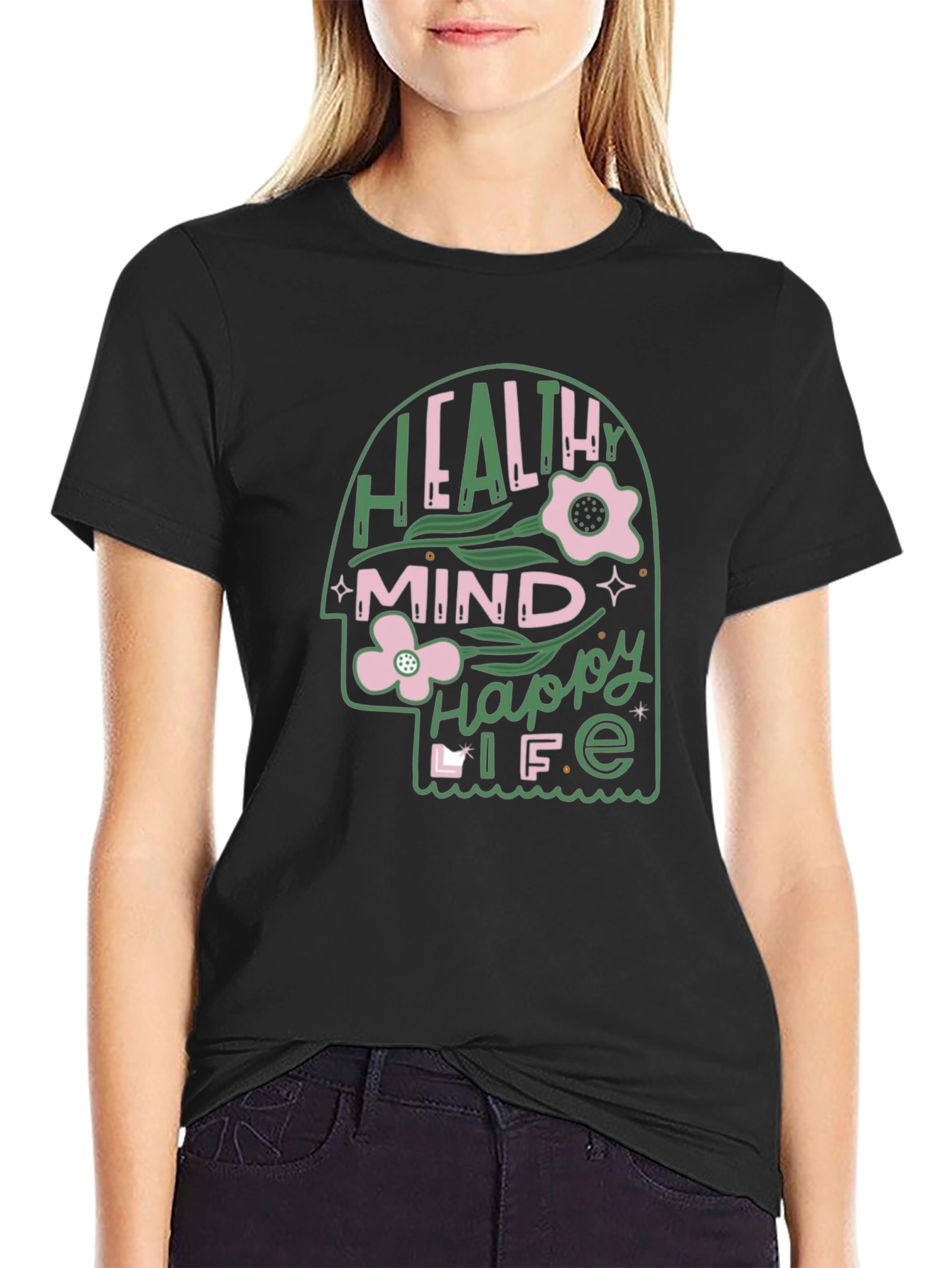 Black Healthy Mind Happy Life Graphic Tee view 2