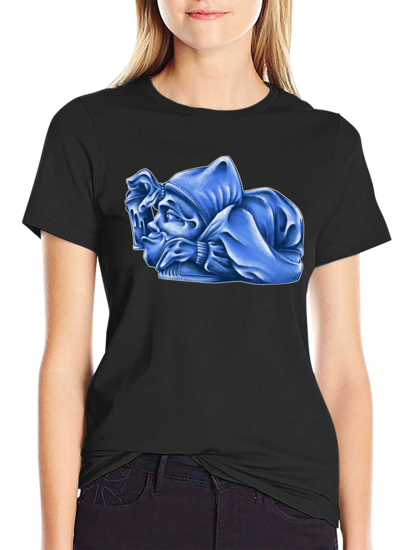 Black Blue Cartoon Character Graphic Black T-Shirt view 2