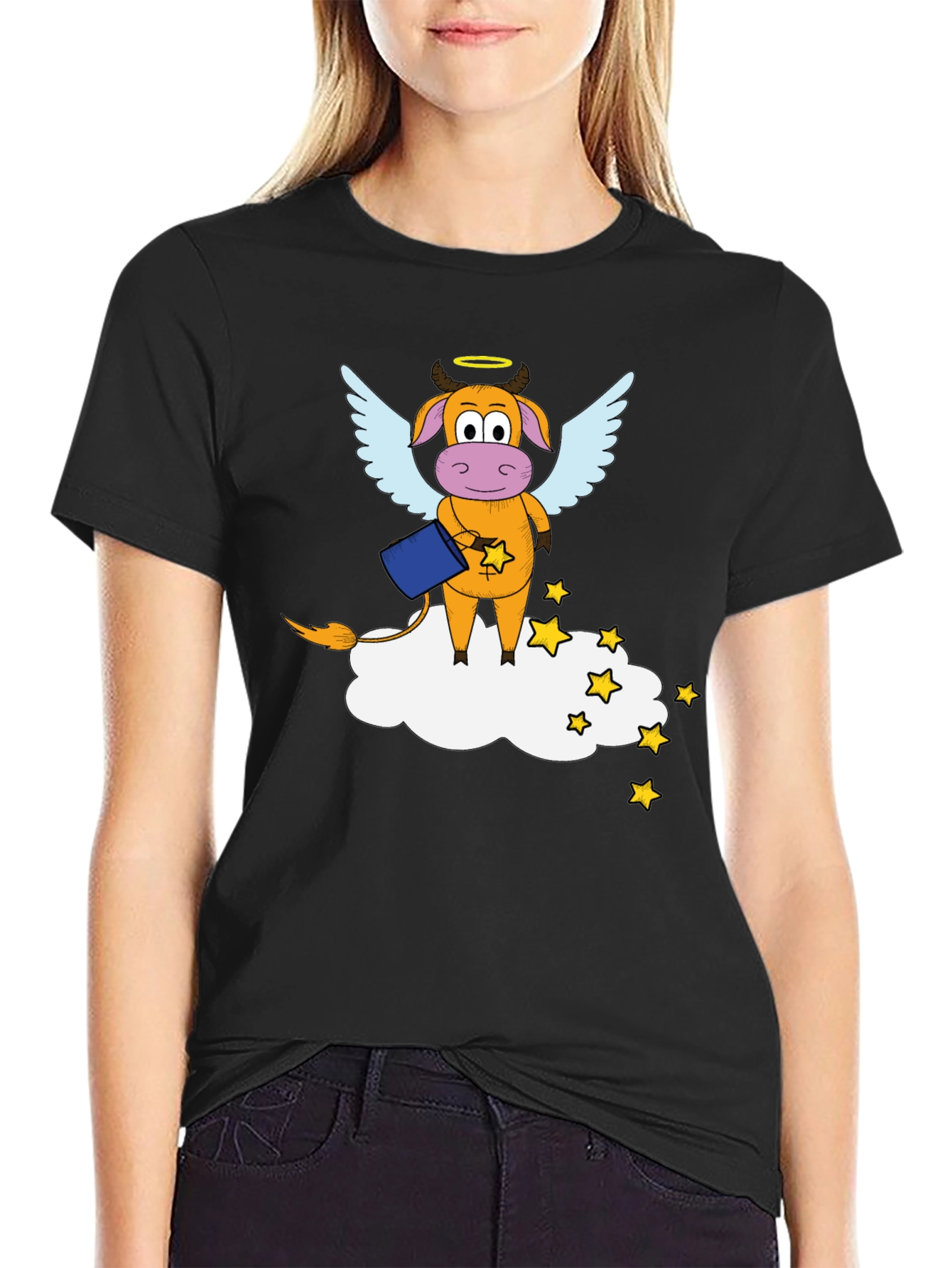 Black Whimsical Cow Angel Graphic Tee - Black Cotton Blend view 2
