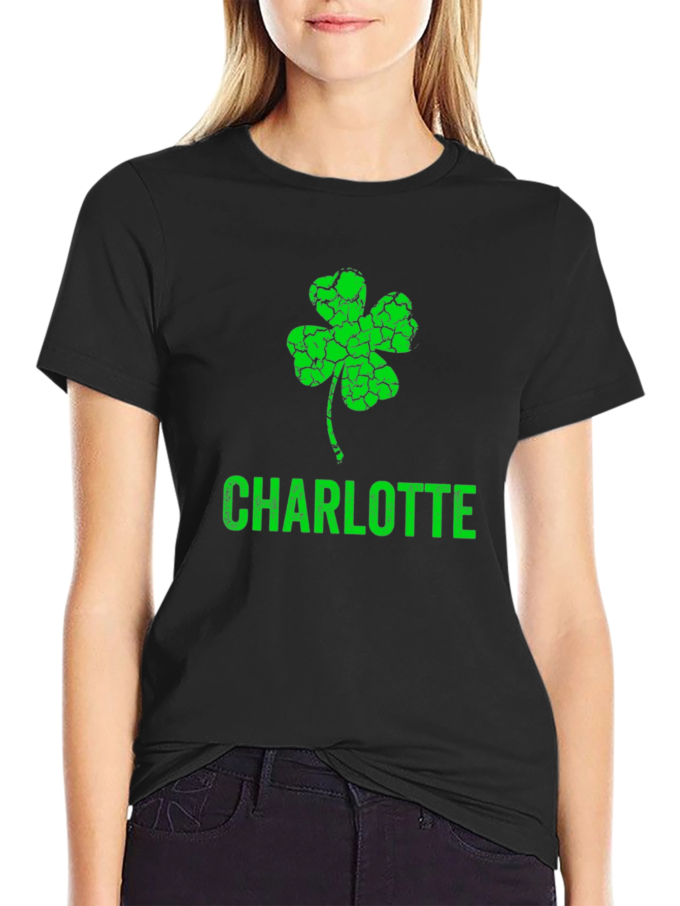 Black St. Patrick's Day Charlotte Shamrock T-Shirt view 2