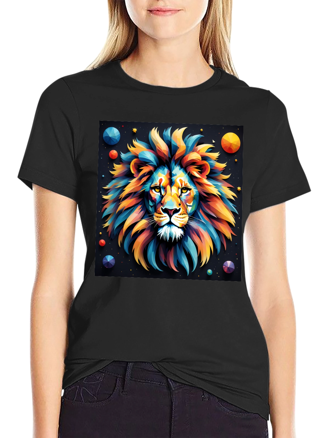 Black Colorful Lion Graphic T-Shirt - Bold Artistic Design view 2