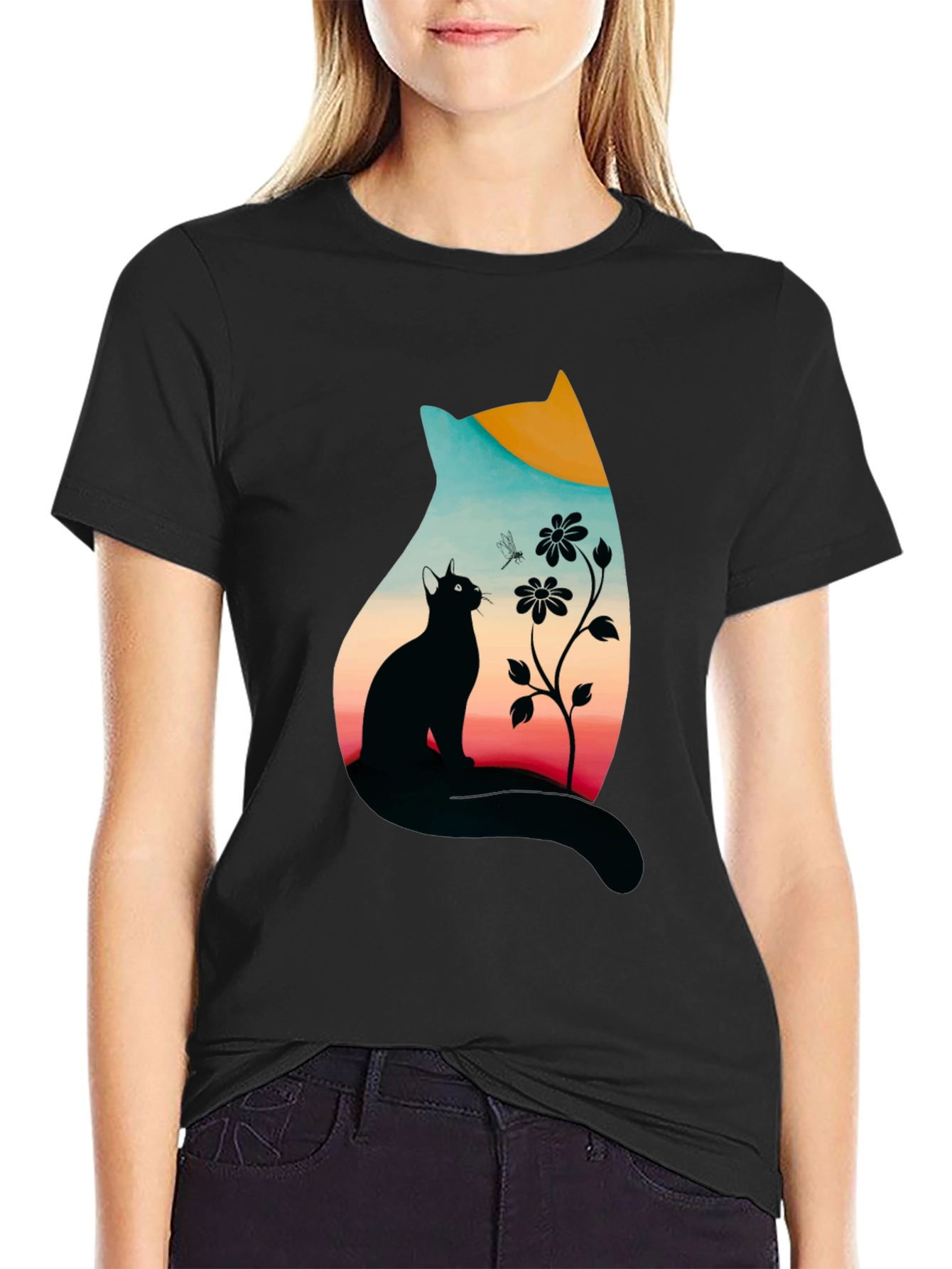 Black Cat Silhouette Graphic Print Tee view 2