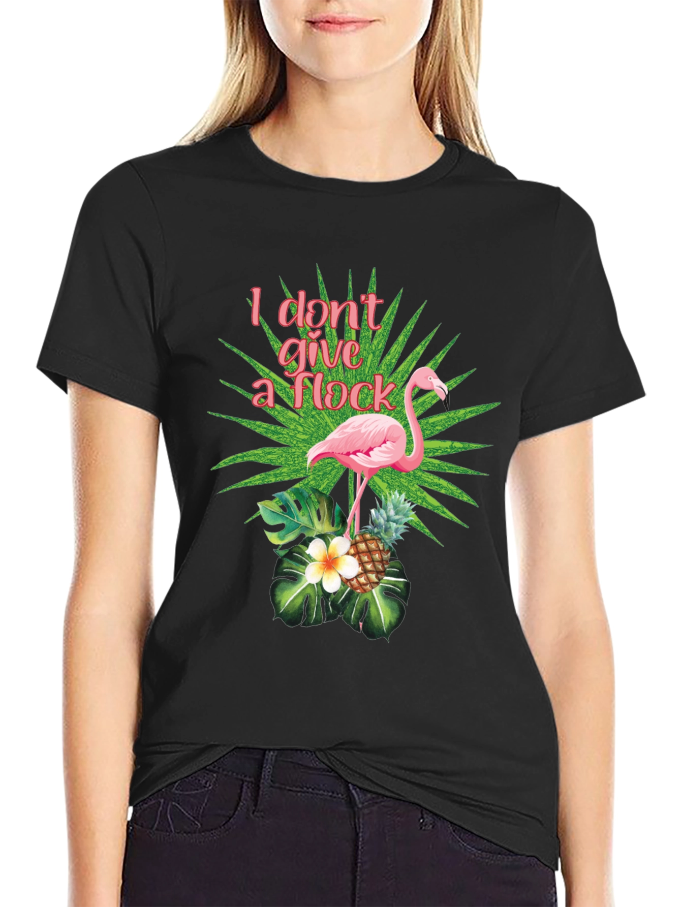 Black Tropical Flamingo T-Shirt - I Don't Give a Flock view 2