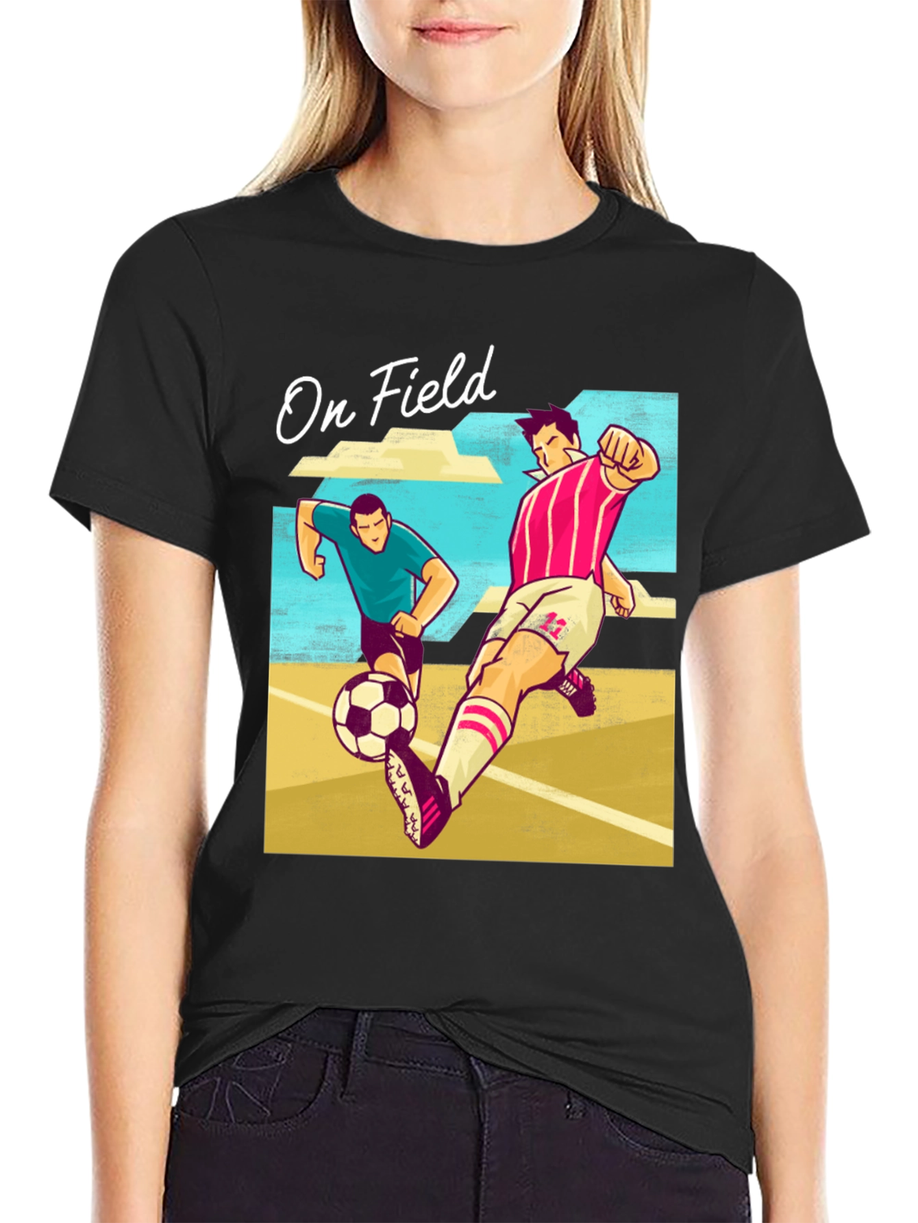 Black On Field Graphic T-Shirt | Soccer Players Cartoon Print view 2