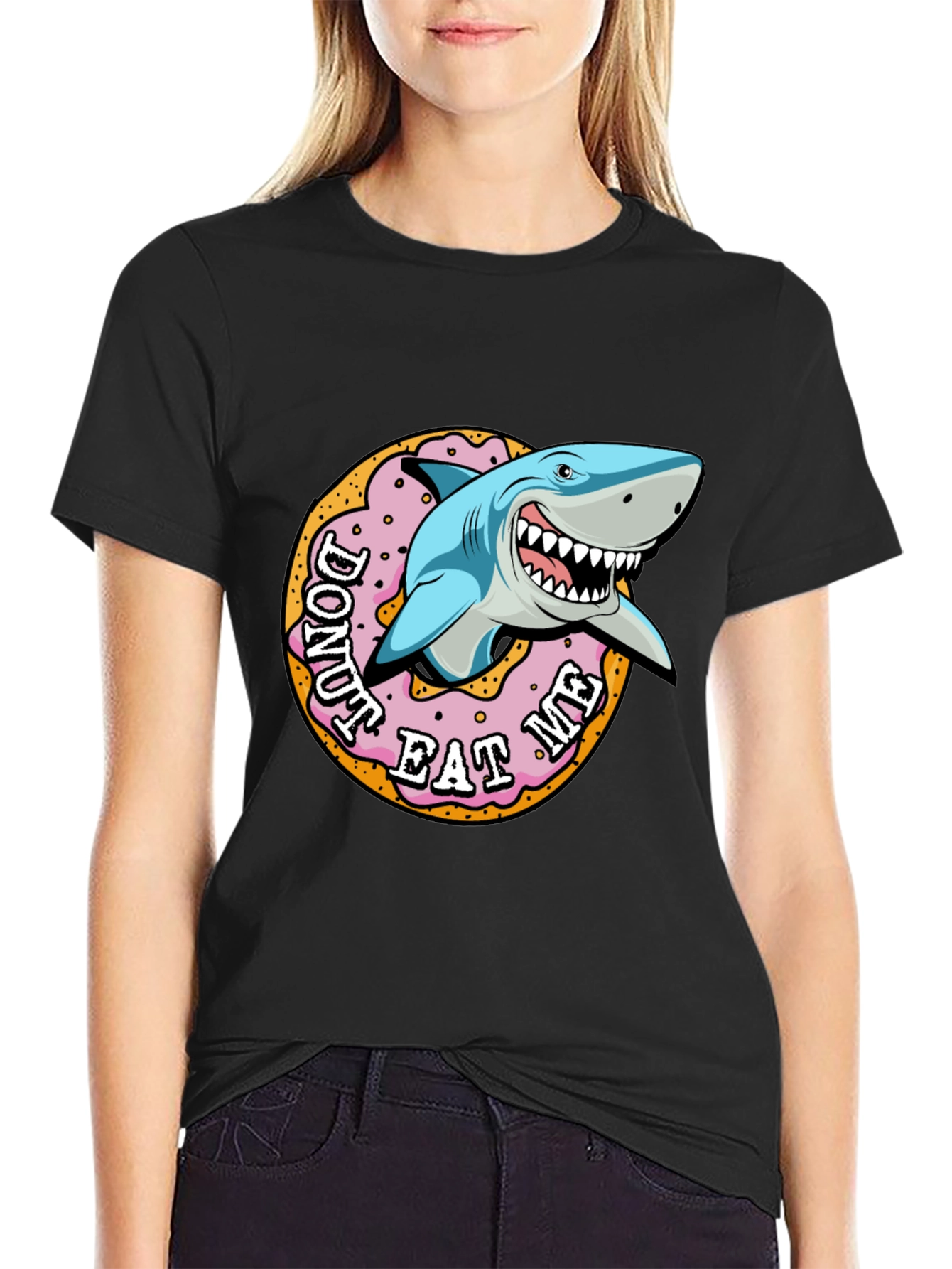 Black Donut Eat Me Shark Graphic Tee view 2
