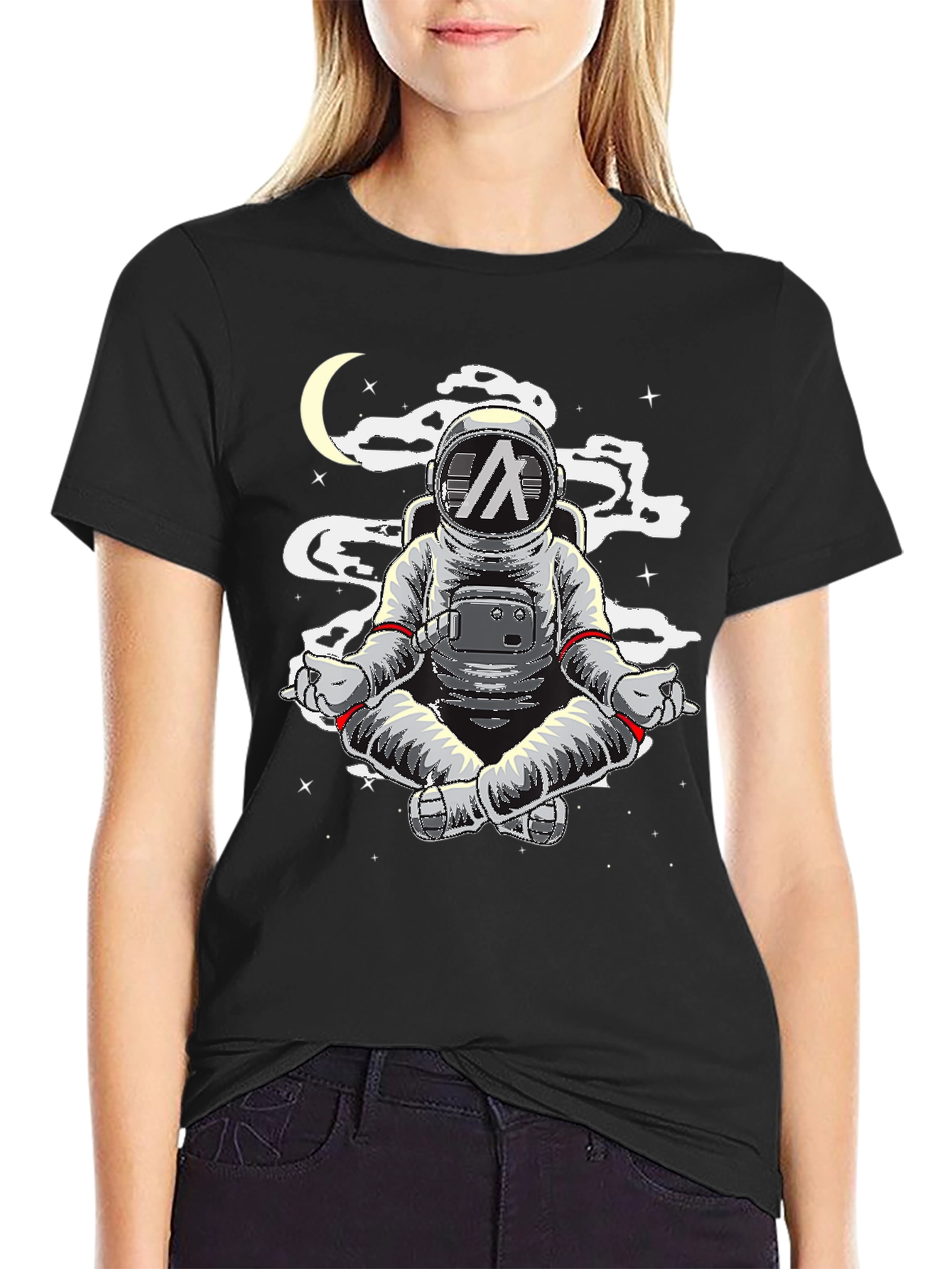 Black Astronaut Meditating T-Shirt - Space Yoga Black Tee view 2