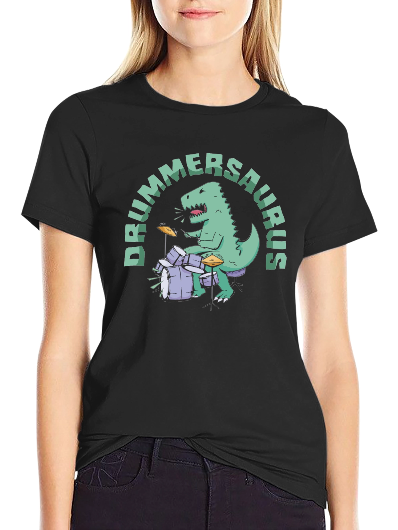 Black Drummersaurus T-Shirt - Dino Drummer Tee view 2