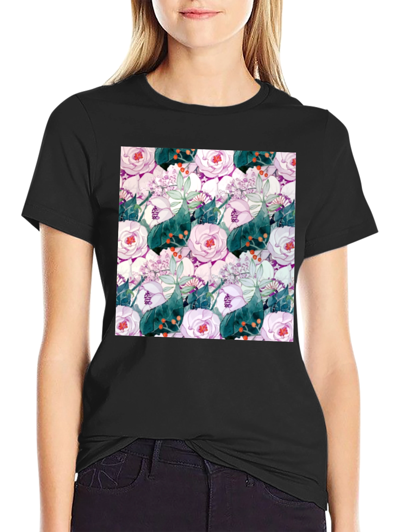 Black Floral Print Black Crew Neck T-Shirt view 2
