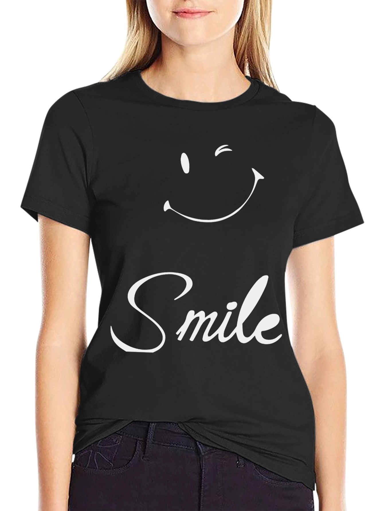 Black Smile Graphic Tee - Black Crew Neck Casual Shirt view 2