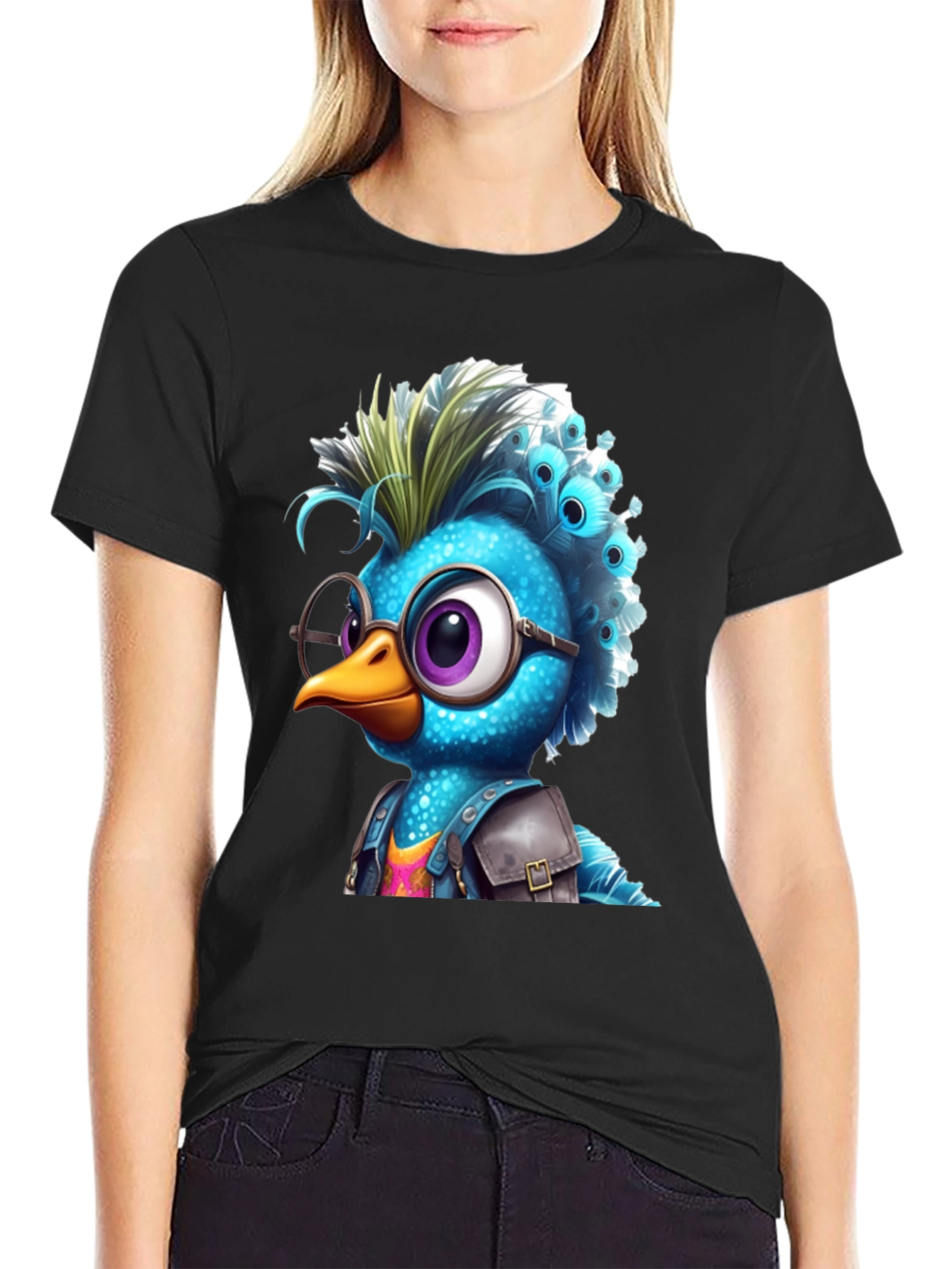 Black Cartoon Bird Graphic T-Shirt view 2