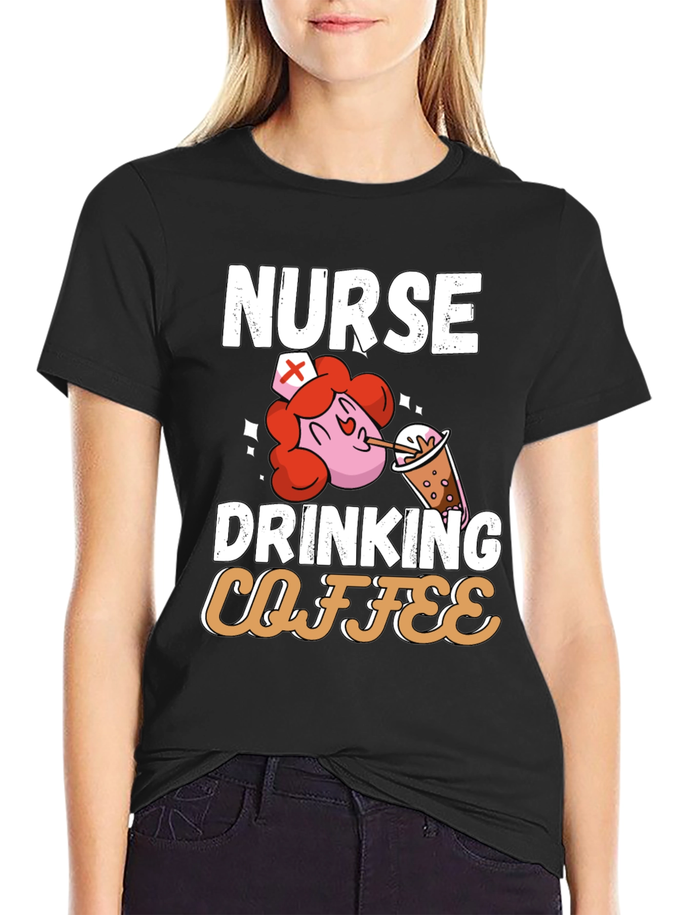 Black Nurse Drinking Coffee Graphic T-Shirt view 2