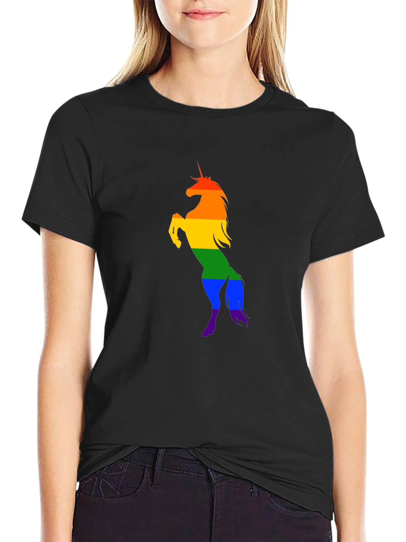 Black Rainbow Unicorn Graphic Tee - Black Cotton Shirt view 2
