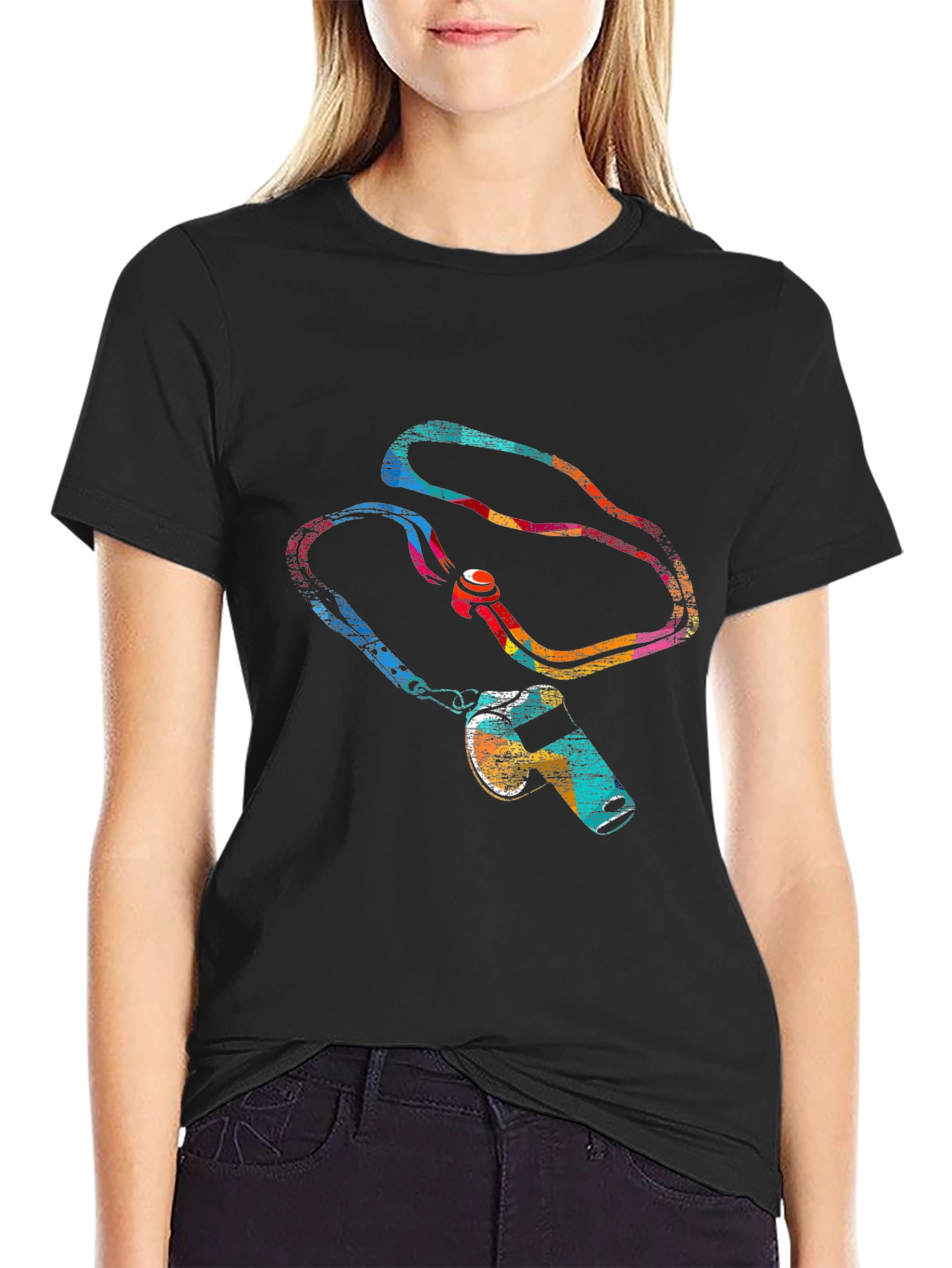 Black Colorful Whistle Graphic Tee - Black Cotton Shirt view 2