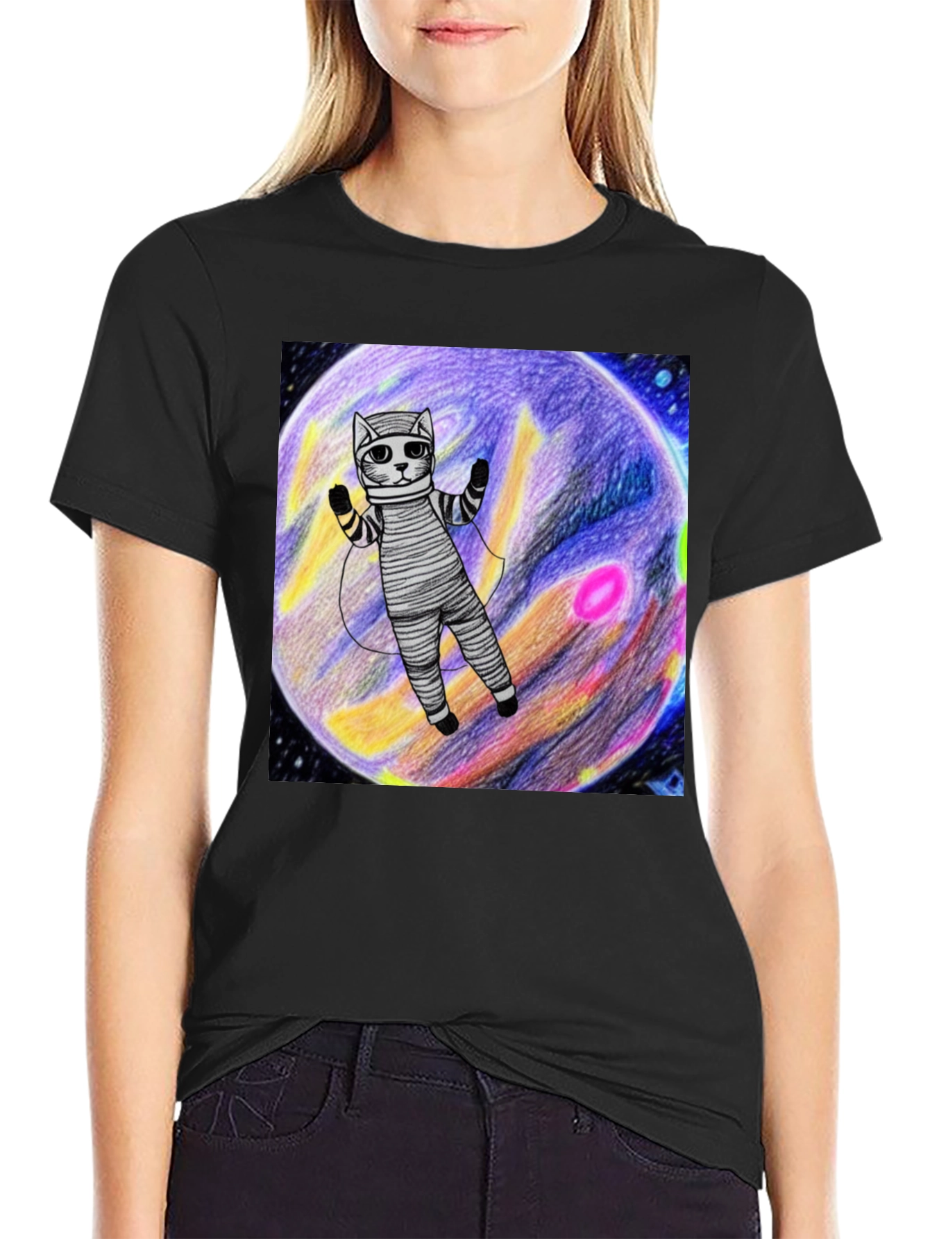 Black Cosmic Cat T-Shirt - Space Explorer Design view 2