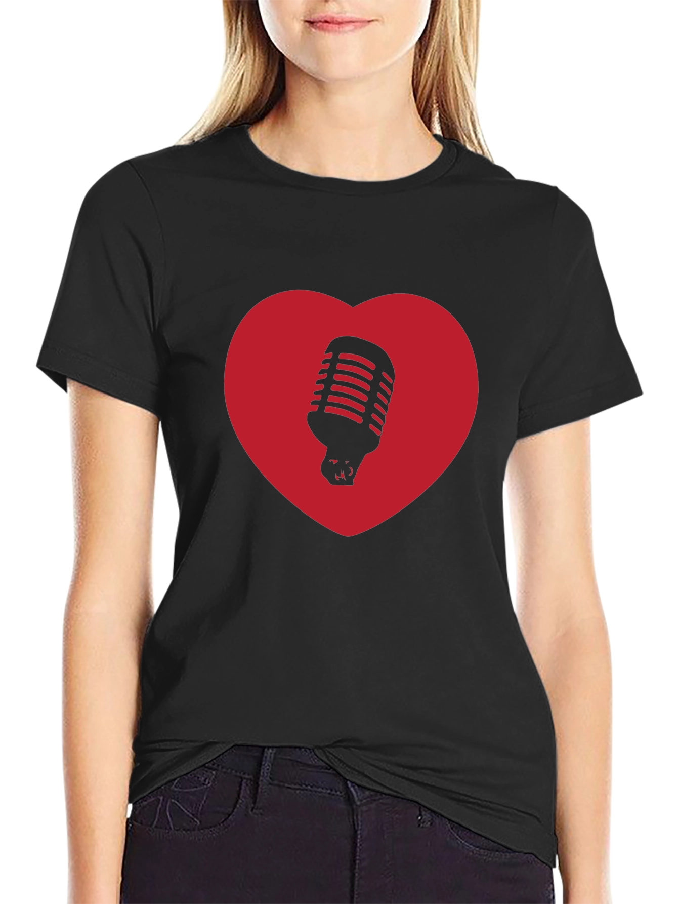 Black Retro Mic Heart T-Shirt - Music Lover Tee view 2