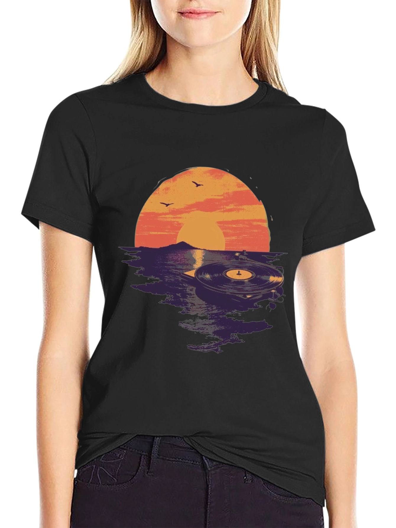 Black Sunset Vinyl Record Graphic Tee - Unique Music Lover Shirt view 2
