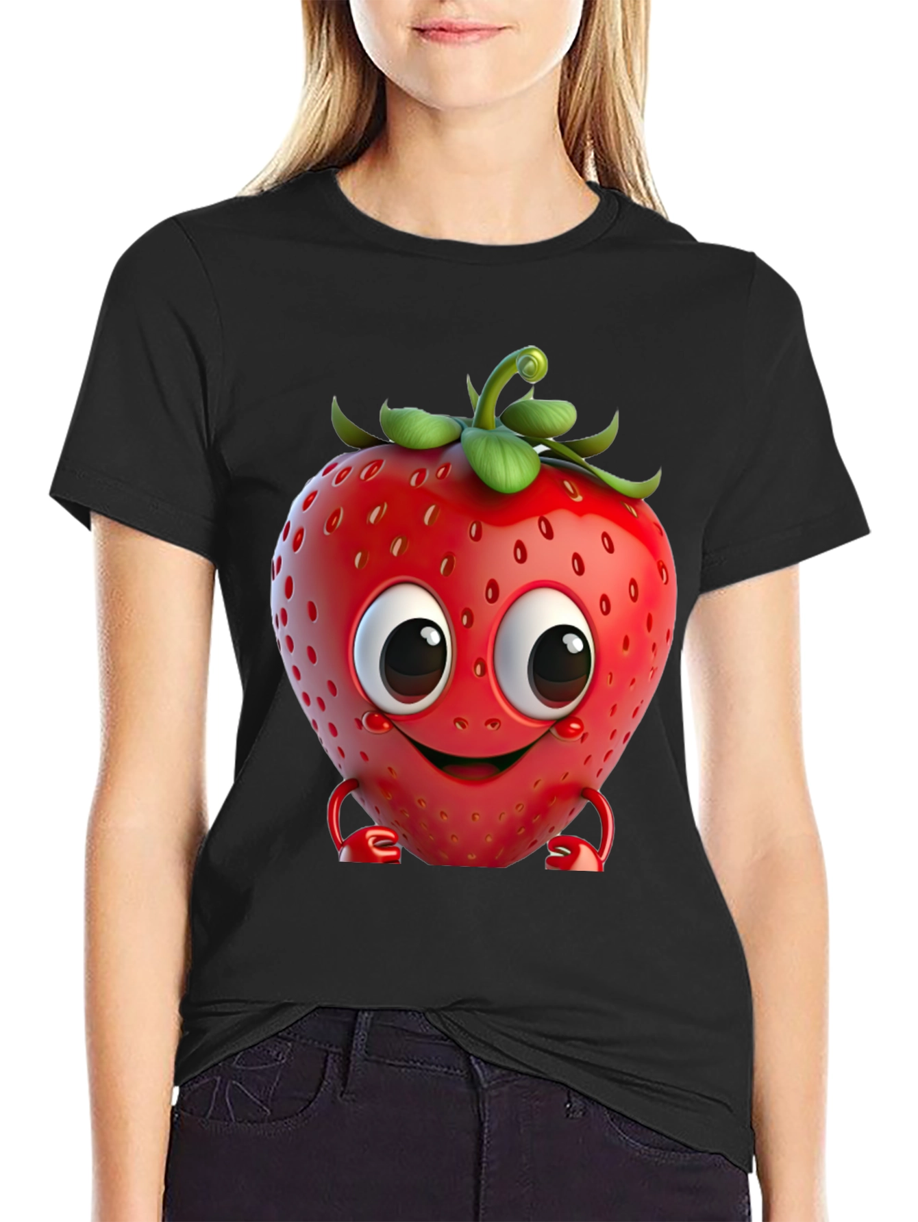 Black Cute Strawberry Character Graphic Tee - Black view 2