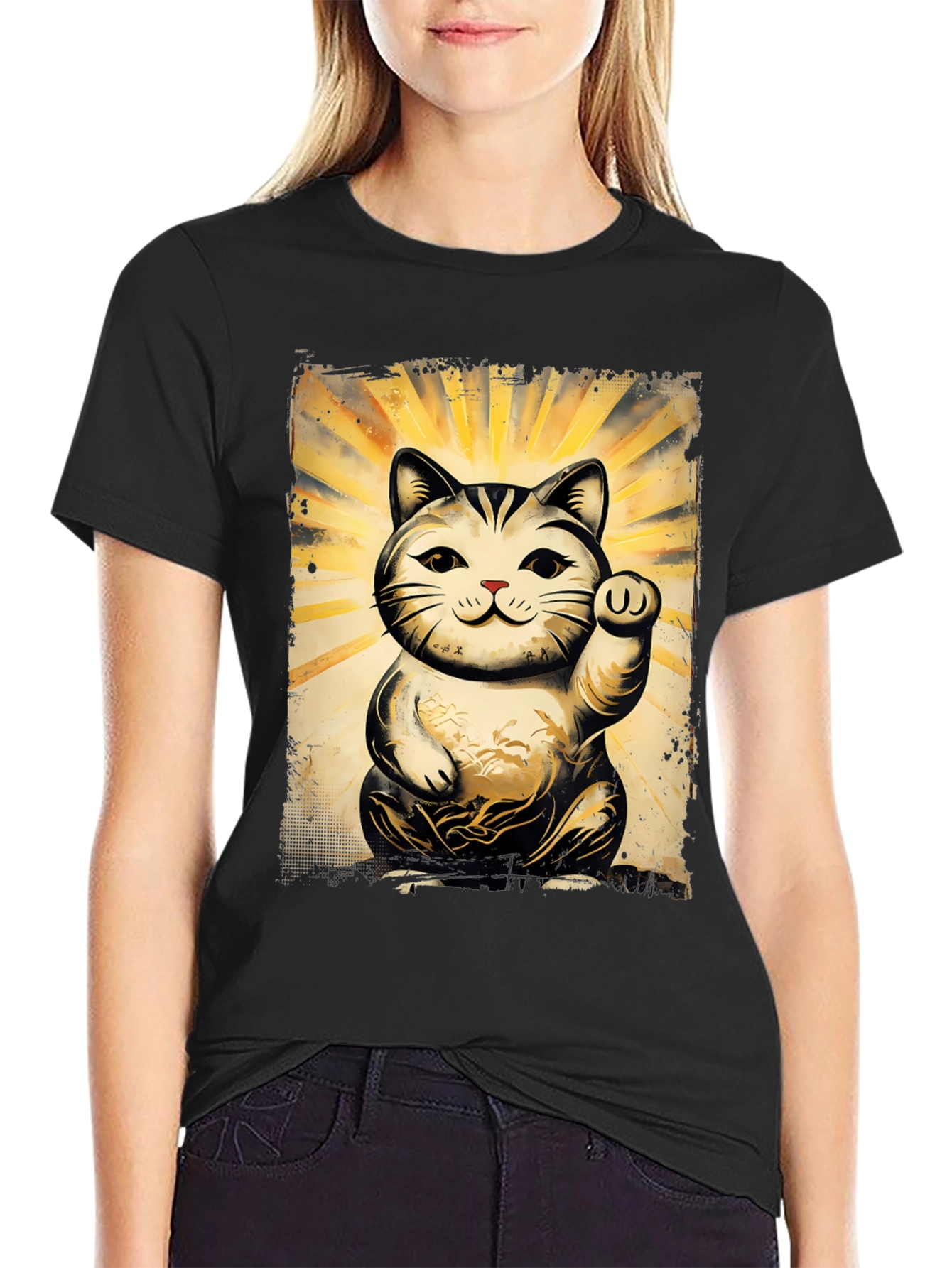 Black Lucky Cat Graphic T-Shirt - Unisex Soft Cotton Tee view 2
