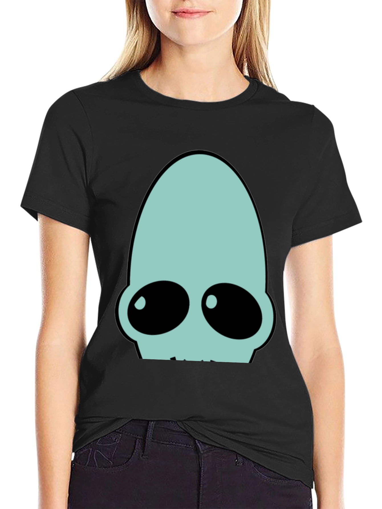 Black Futuristic Alien Head Graphic Tee - Black view 2