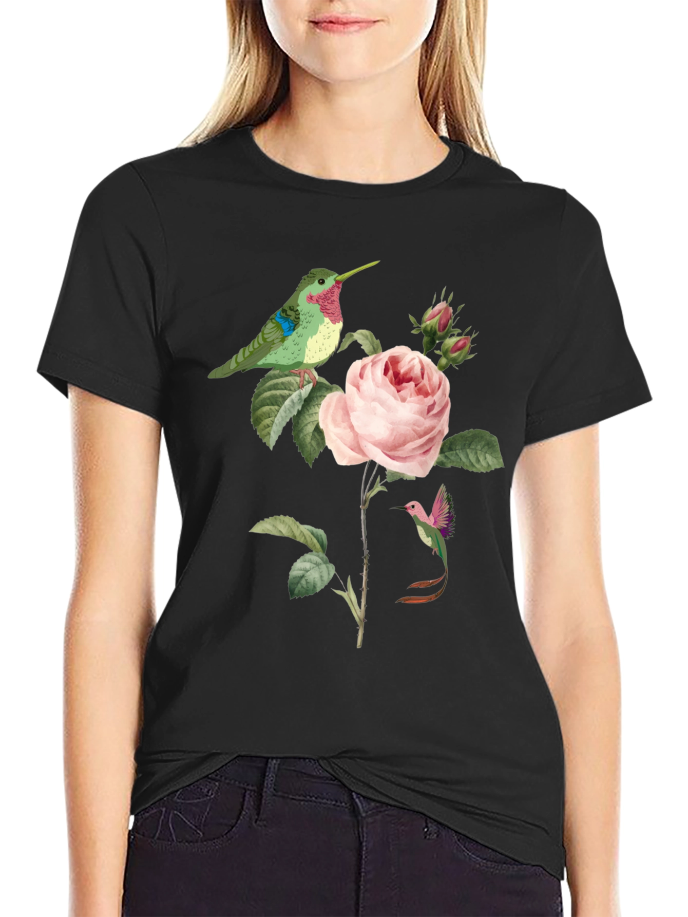 Black Hummingbird & Rose Graphic Tee view 2