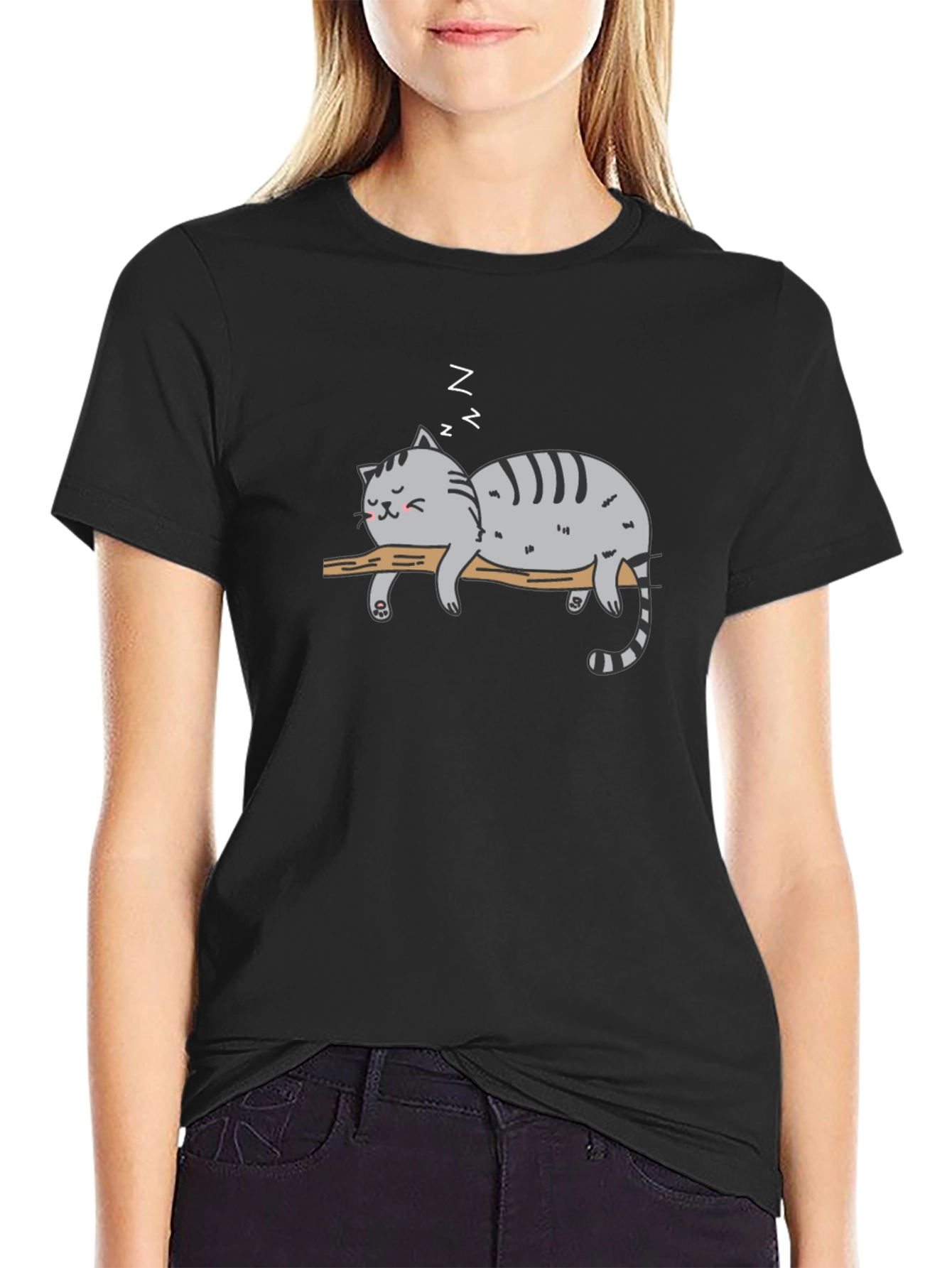 Black Lazy Cat Nap T-Shirt - Relaxed Graphic Tee view 2