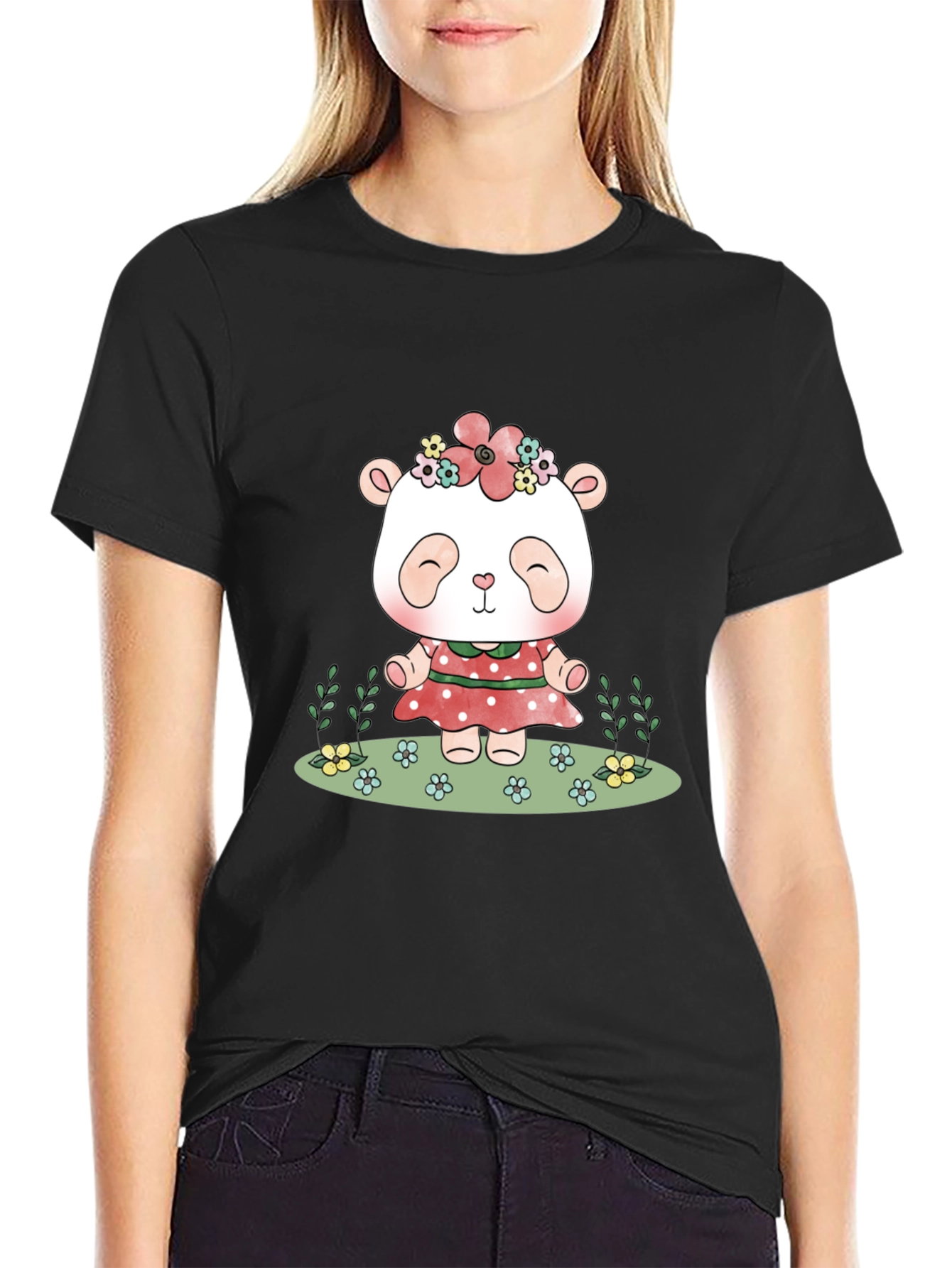Black Cute Panda Bear Graphic Tee - Black Casual T-Shirt view 2