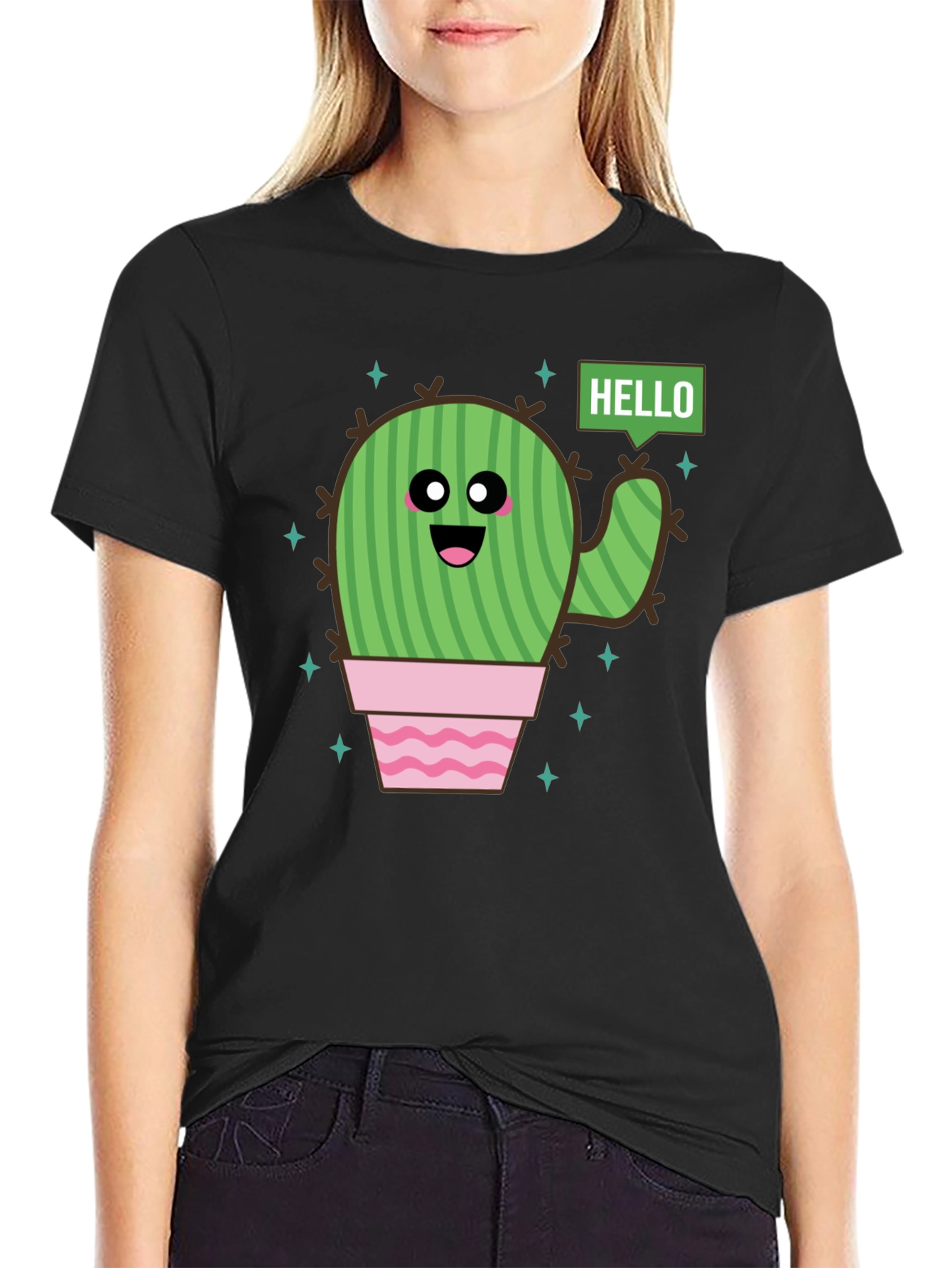 Black Cute Cartoon Cactus Graphic Tee - Black Cotton T-Shirt view 2