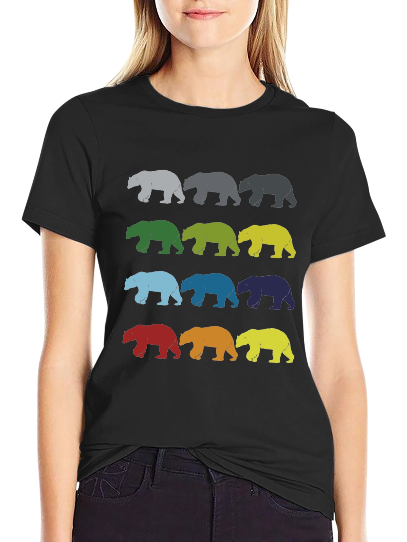 Black Colorful Bear Graphic T-Shirt - Novelty Design view 2