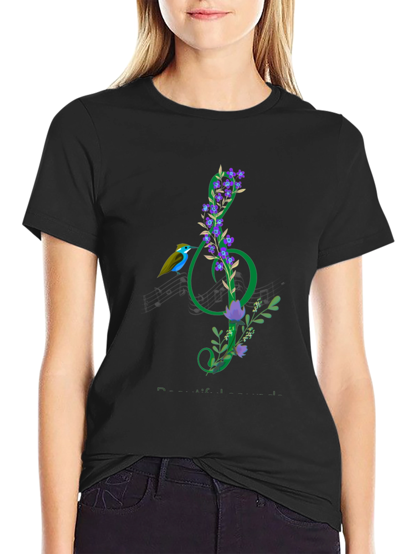 Black Floral Treble Clef T-Shirt - Music Lover Gift view 2