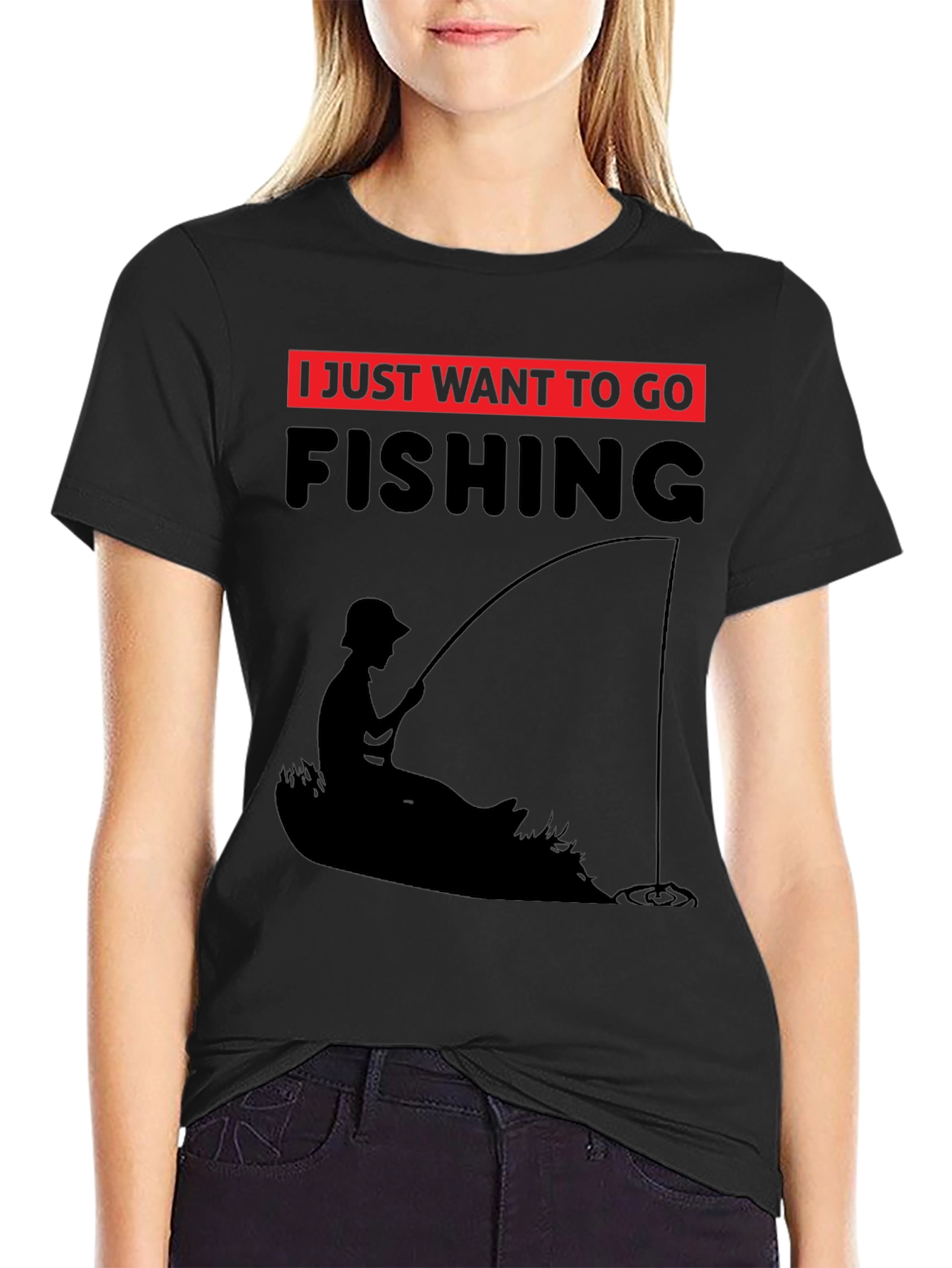 Black Fishing T-Shirt - I Just Want to Go Fishing - Black Tee view 2