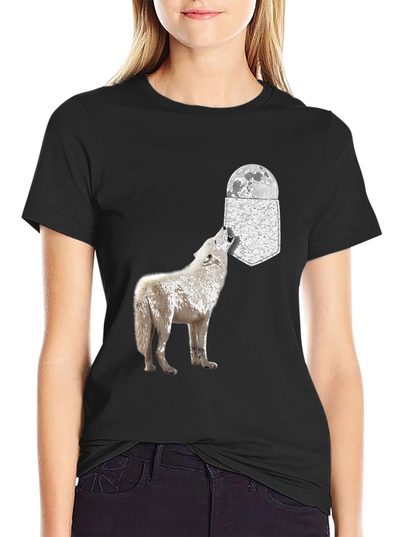 Black Wolf Howling at Moon Pocket T-Shirt view 2