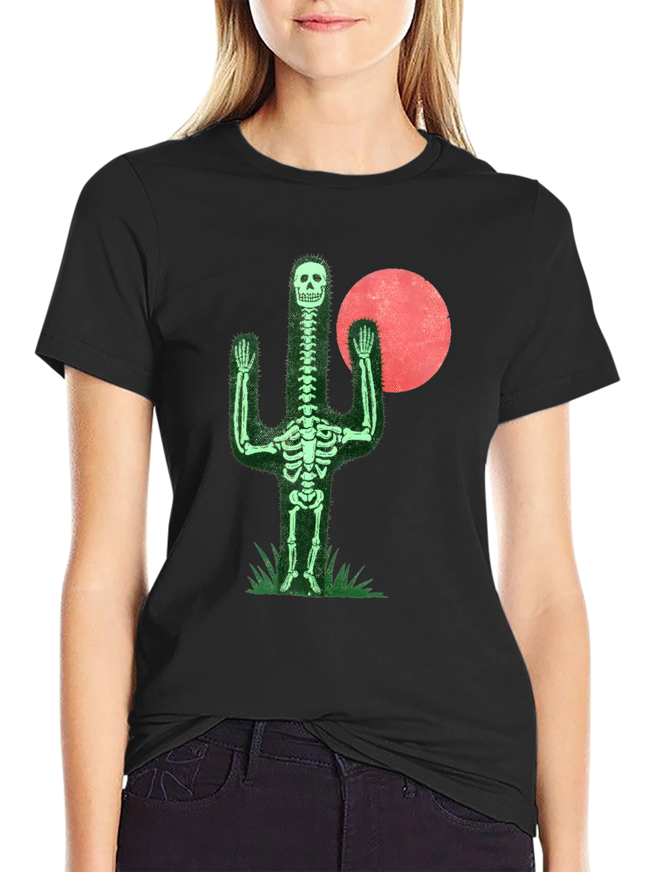 Black Skeleton Cactus Graphic Tee - Novelty Print Shirt view 2