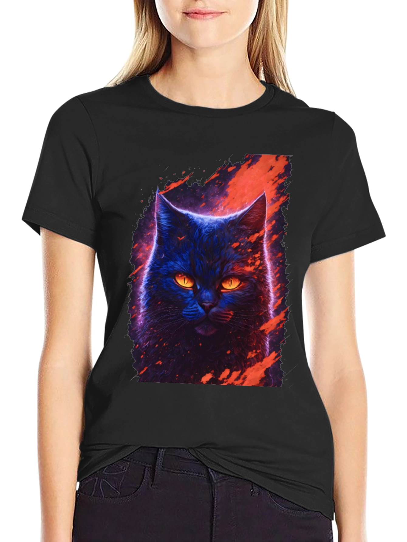 Black Cyberpunk Cat T-Shirt - Artistic Graphic Tee view 2