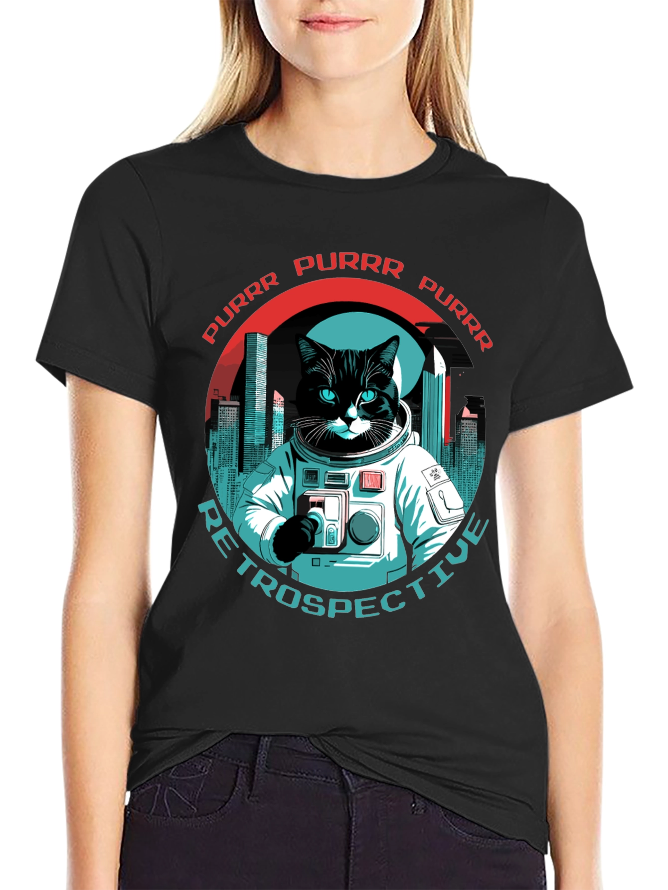 Black Cat Astronaut T-Shirt - Purrr Retrospective Tee view 2