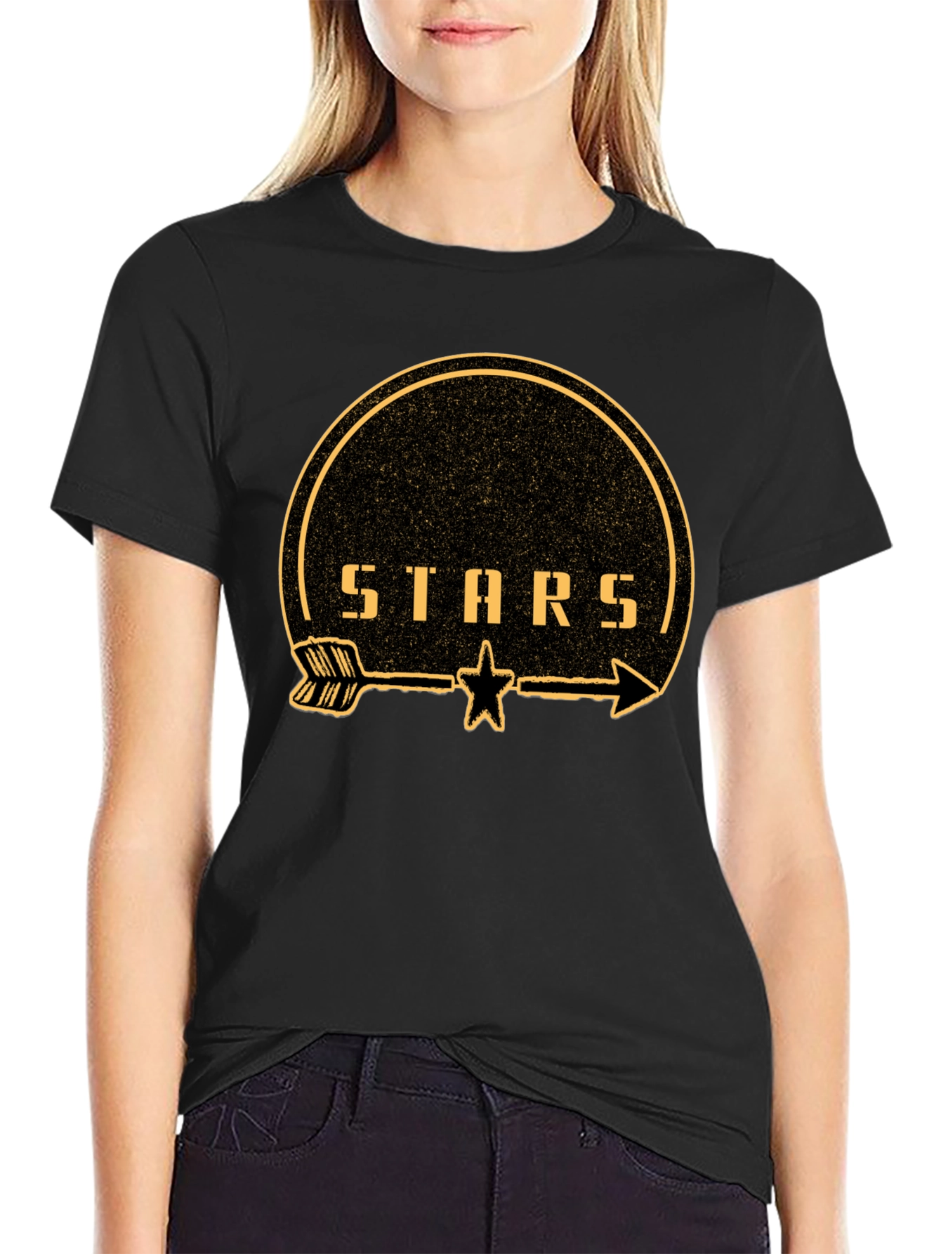 Black Stars Arrow Graphic T-Shirt - Trendy Casual Top view 2