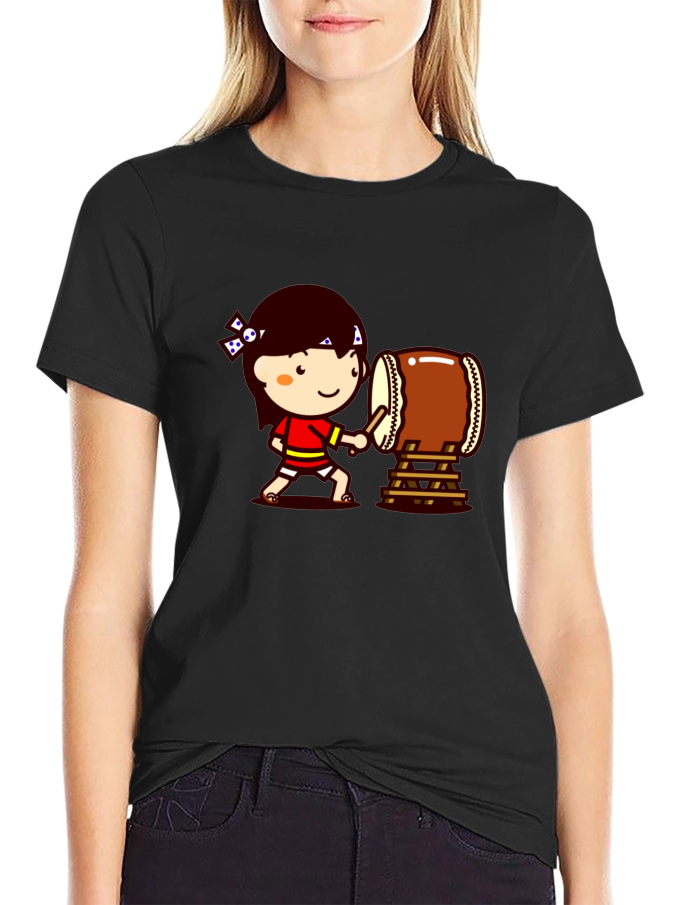 Black Cartoon Drummer Black T-Shirt view 2