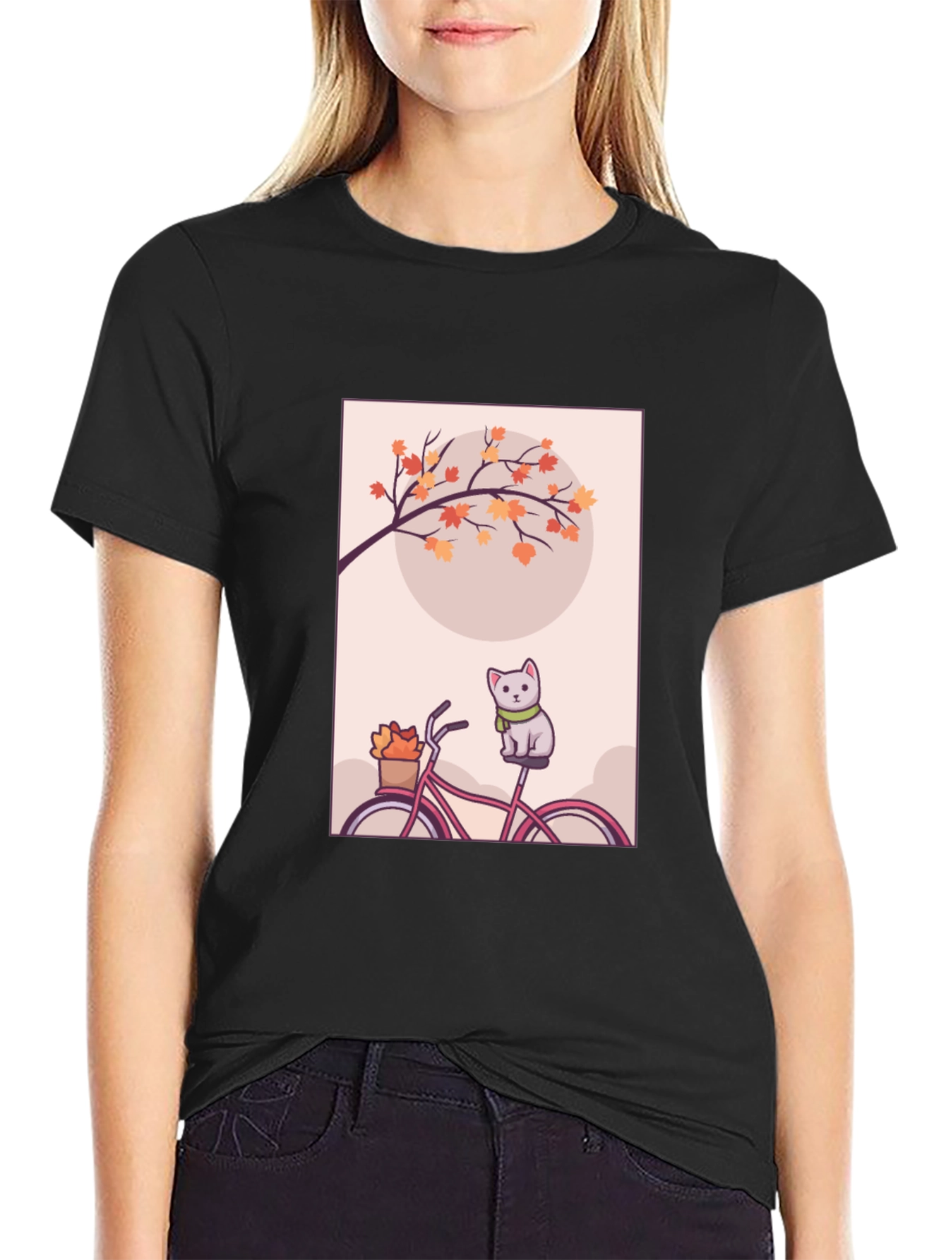 Black Cute Cat on Bike T-Shirt - Autumn Vibes view 2