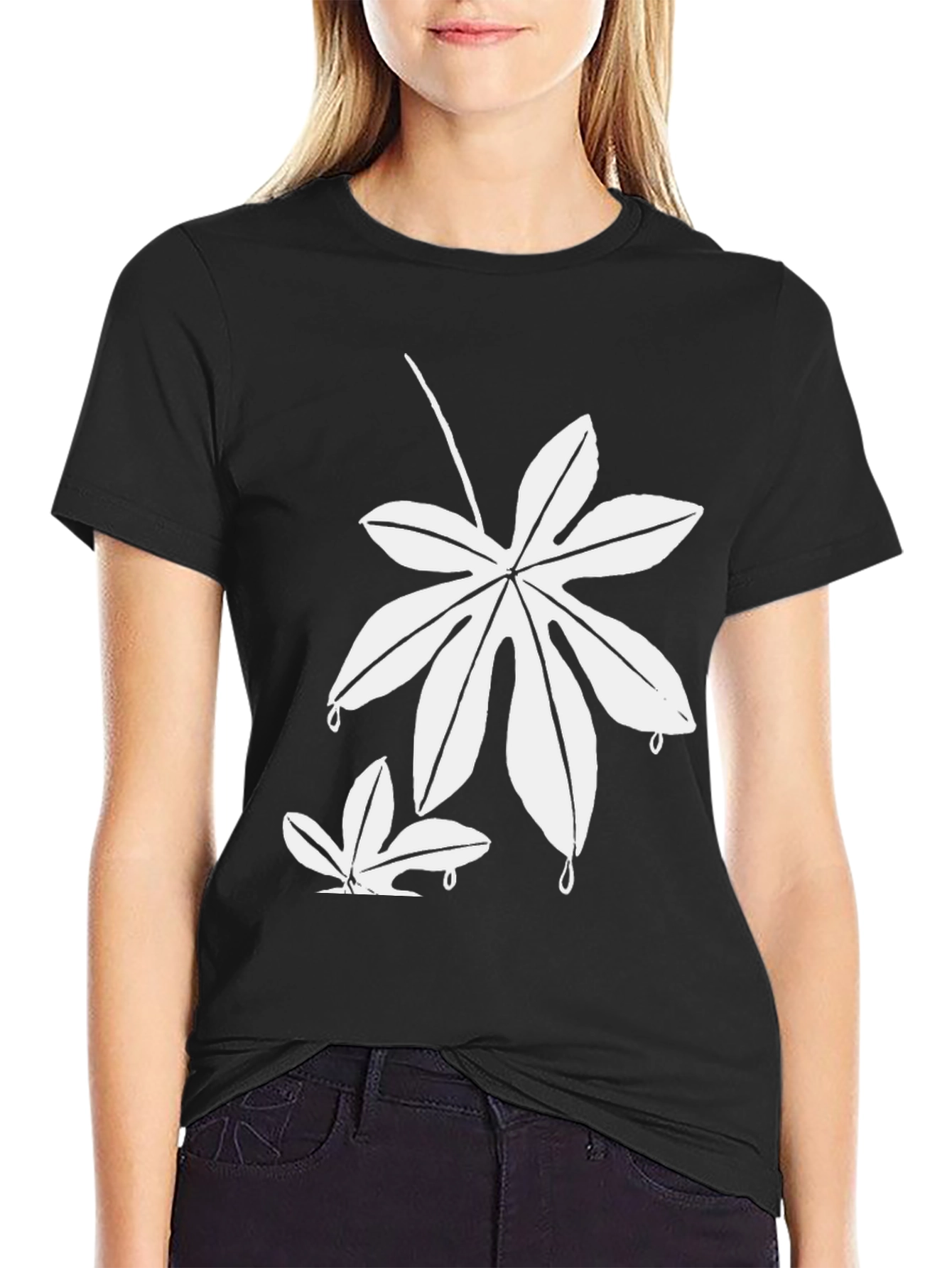 Unique White Leaf Design Black T-Shirt - 2