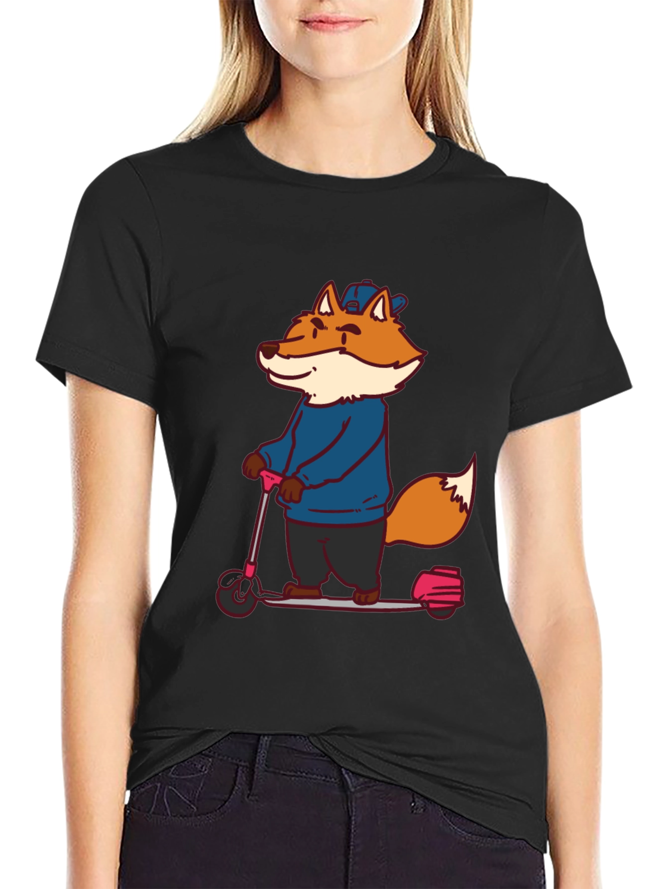 Black Fox on Scooter Graphic Tee - Unisex Black T-Shirt view 2
