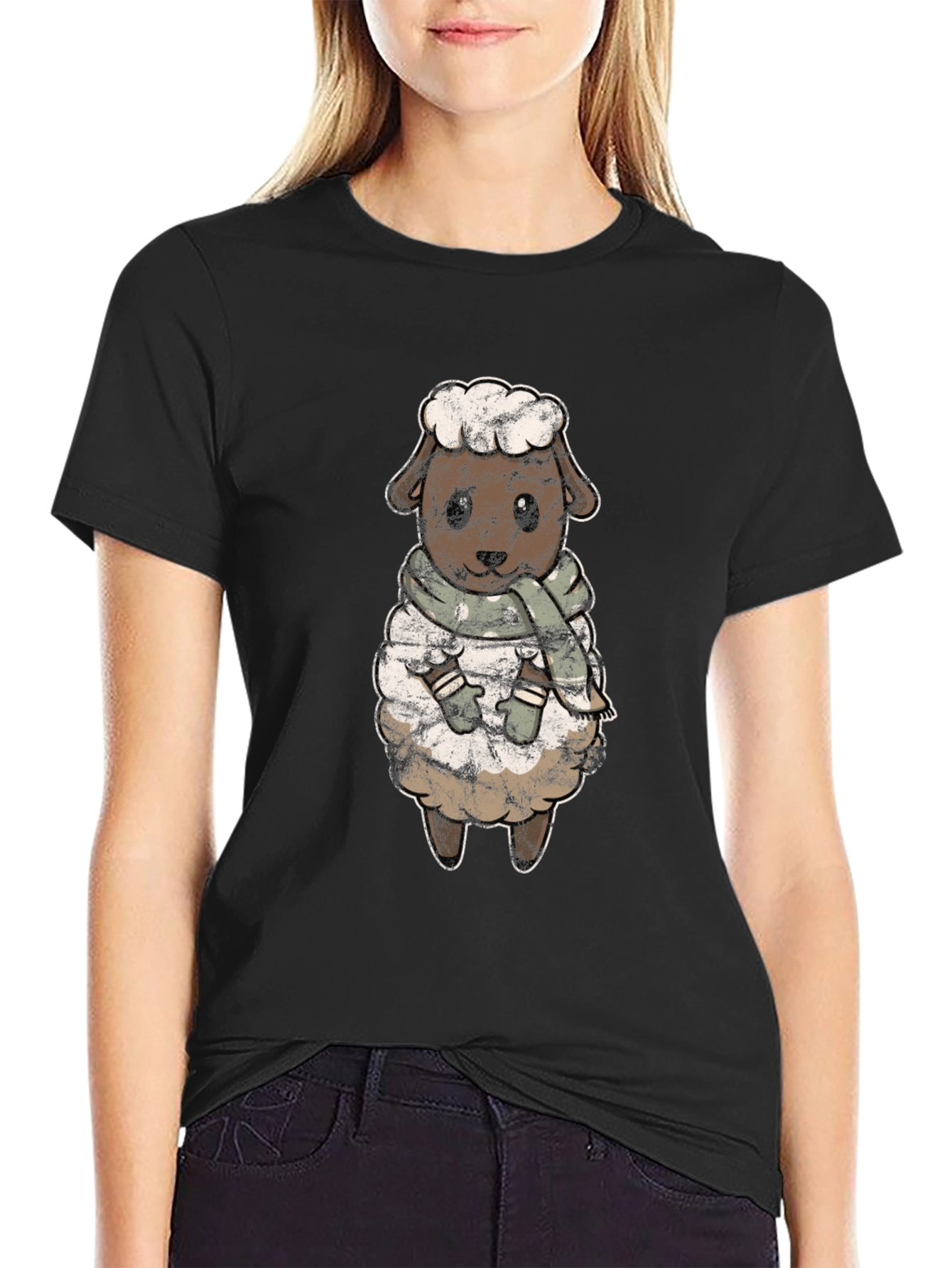 Black Cute Sheep Scarf T-Shirt view 2