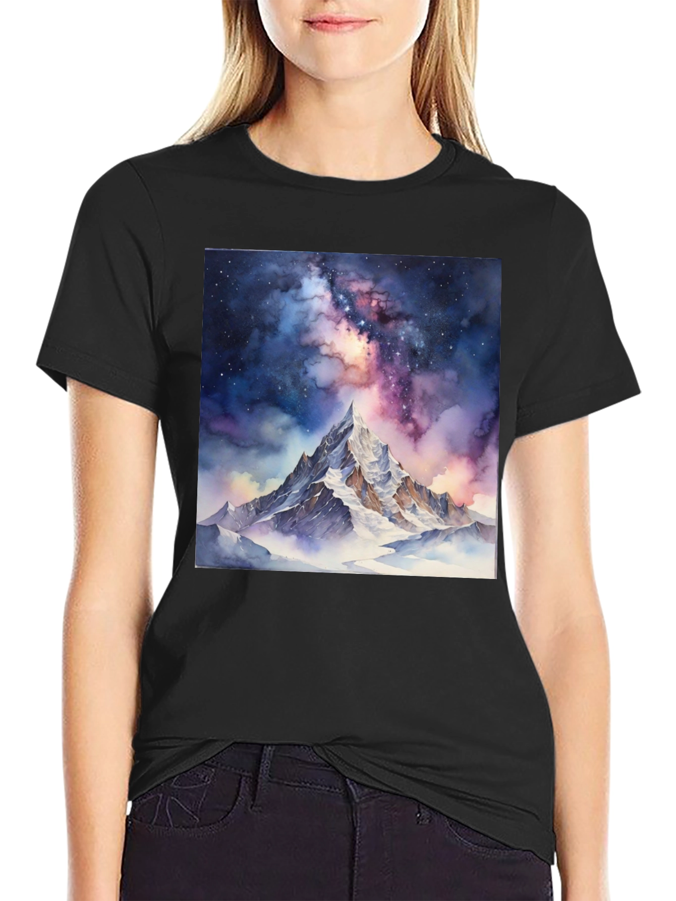 Black Galaxy Mountain Tee - Black Cotton T-Shirt view 2
