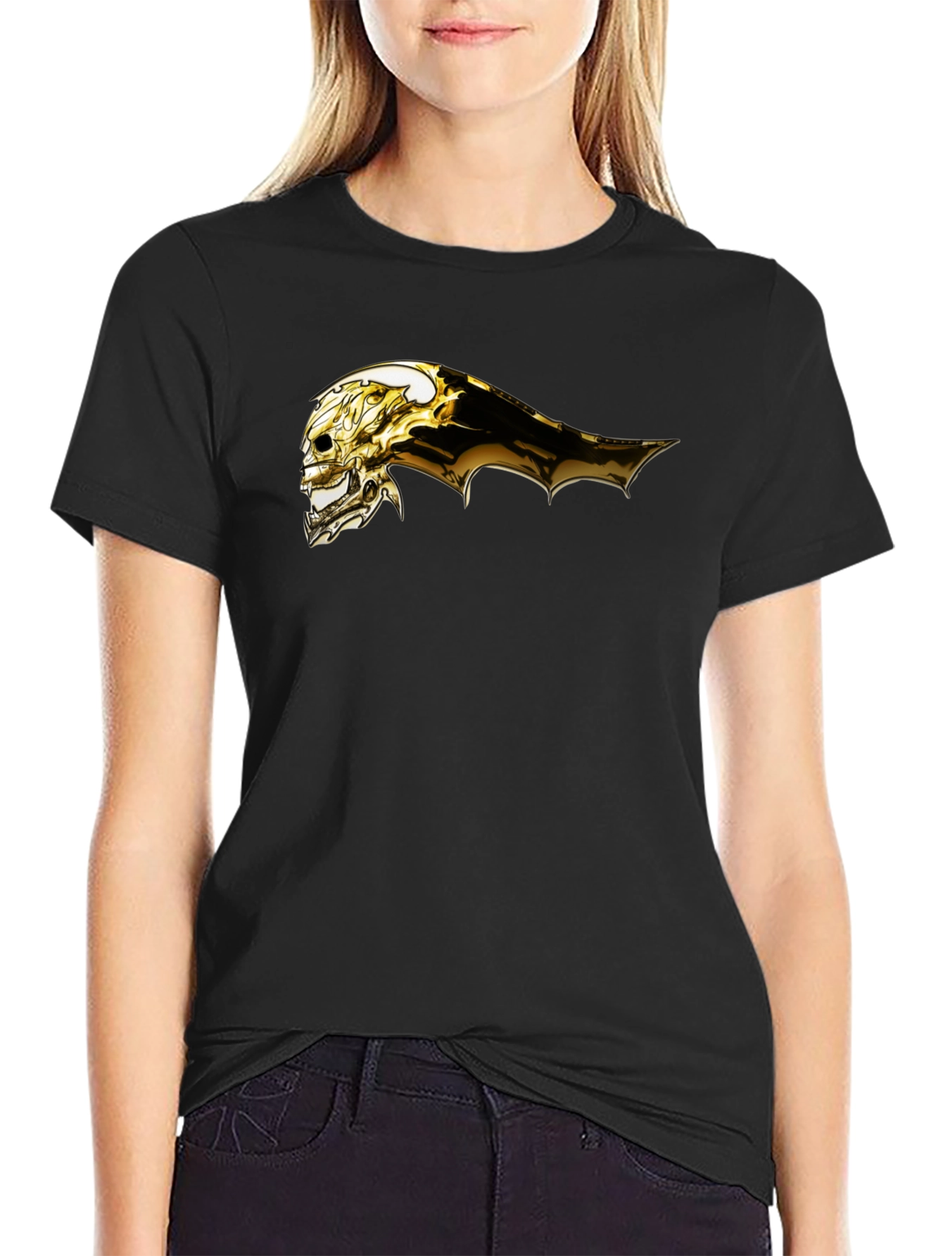 Black Golden Skull Graphic Black T-Shirt view 2