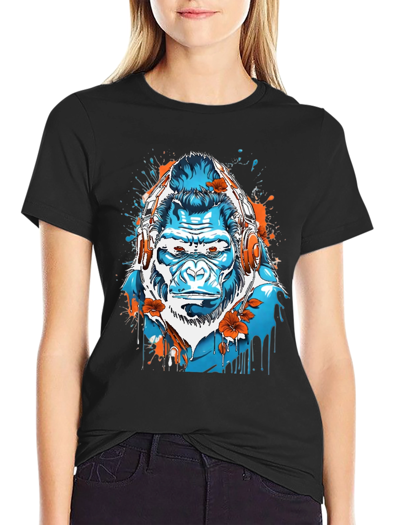 Black Cool Gorilla with Headphones Graphic Tee view 2