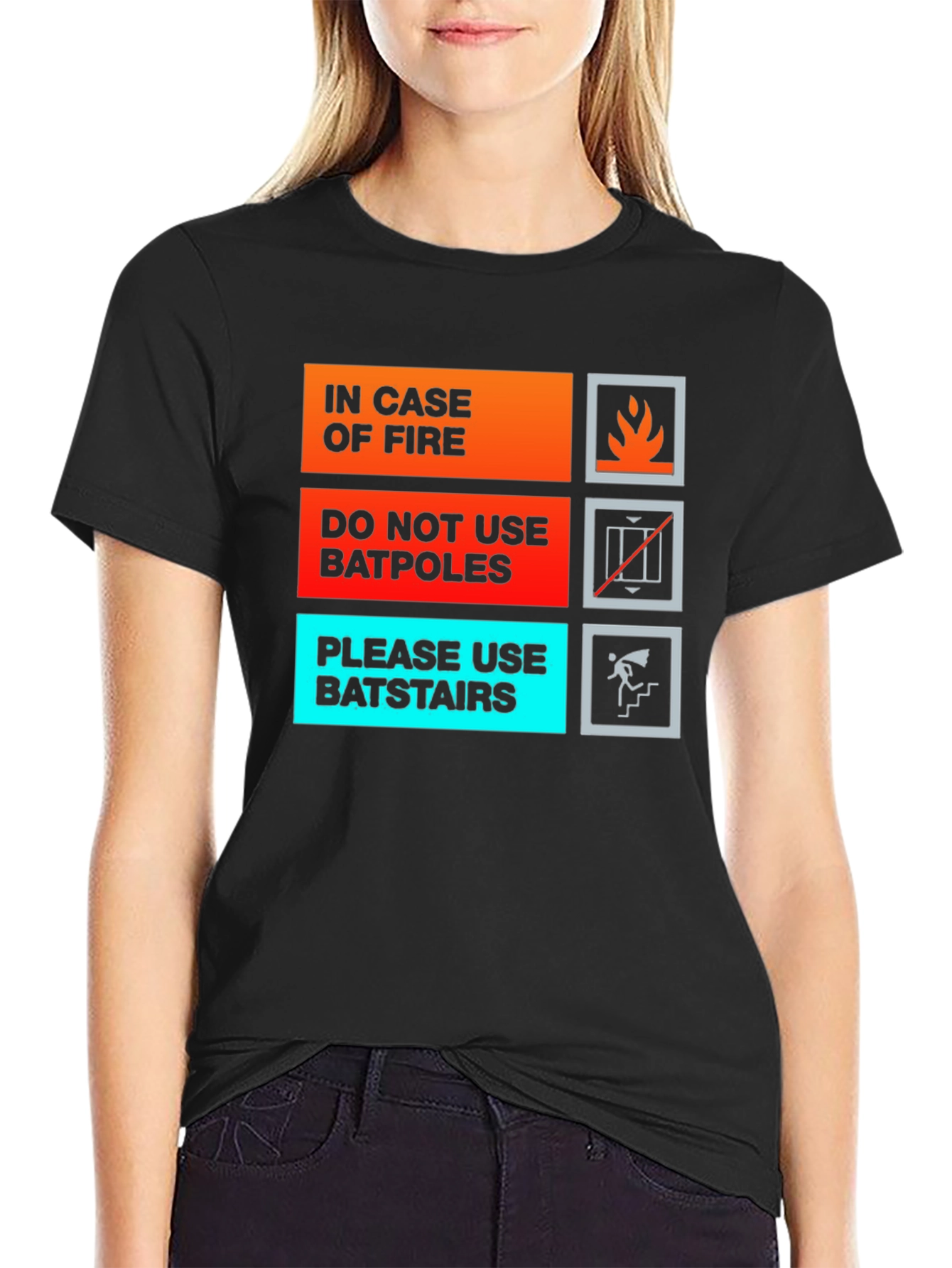 Black Humorous In Case of Fire T-Shirt - Batpole/Batstair Design view 2