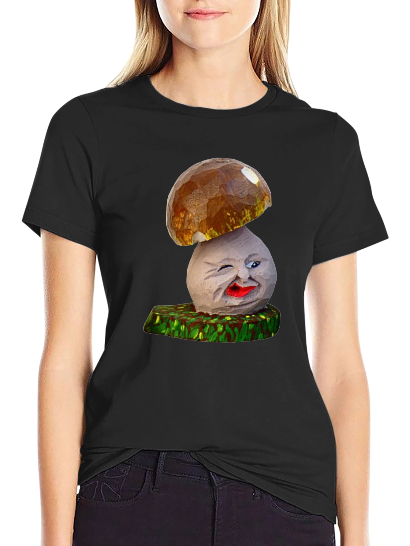 Black Funny Mushroom Character Graphic T-Shirt view 2