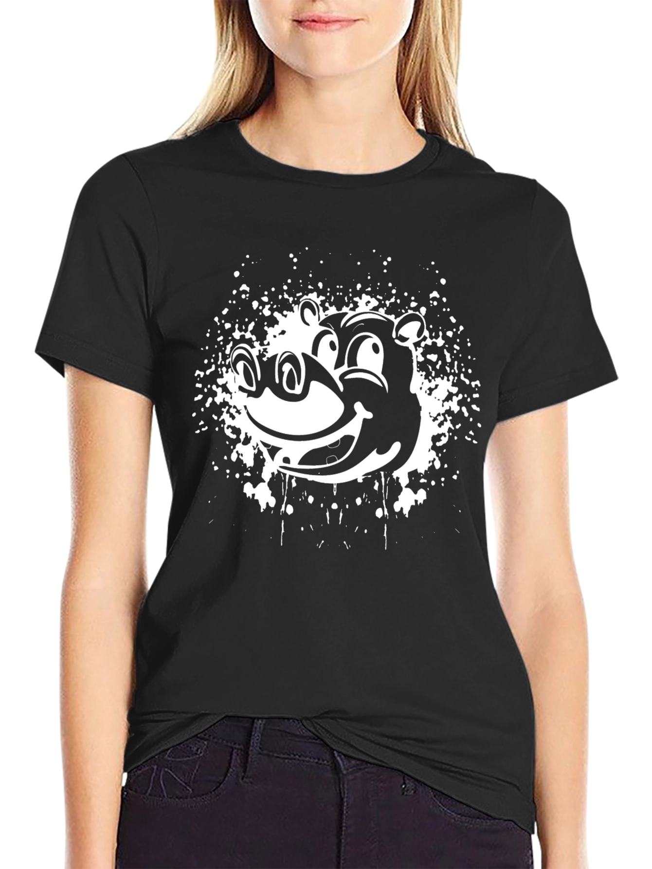 Black Cartoon Bear Graphic Black T-Shirt view 2