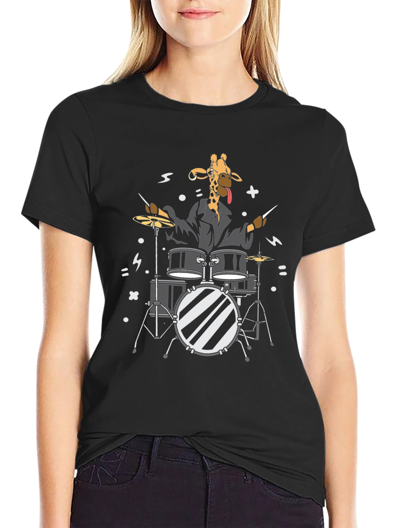 Black Giraffe Drummer Graphic T-Shirt - Black Cotton Tee view 2
