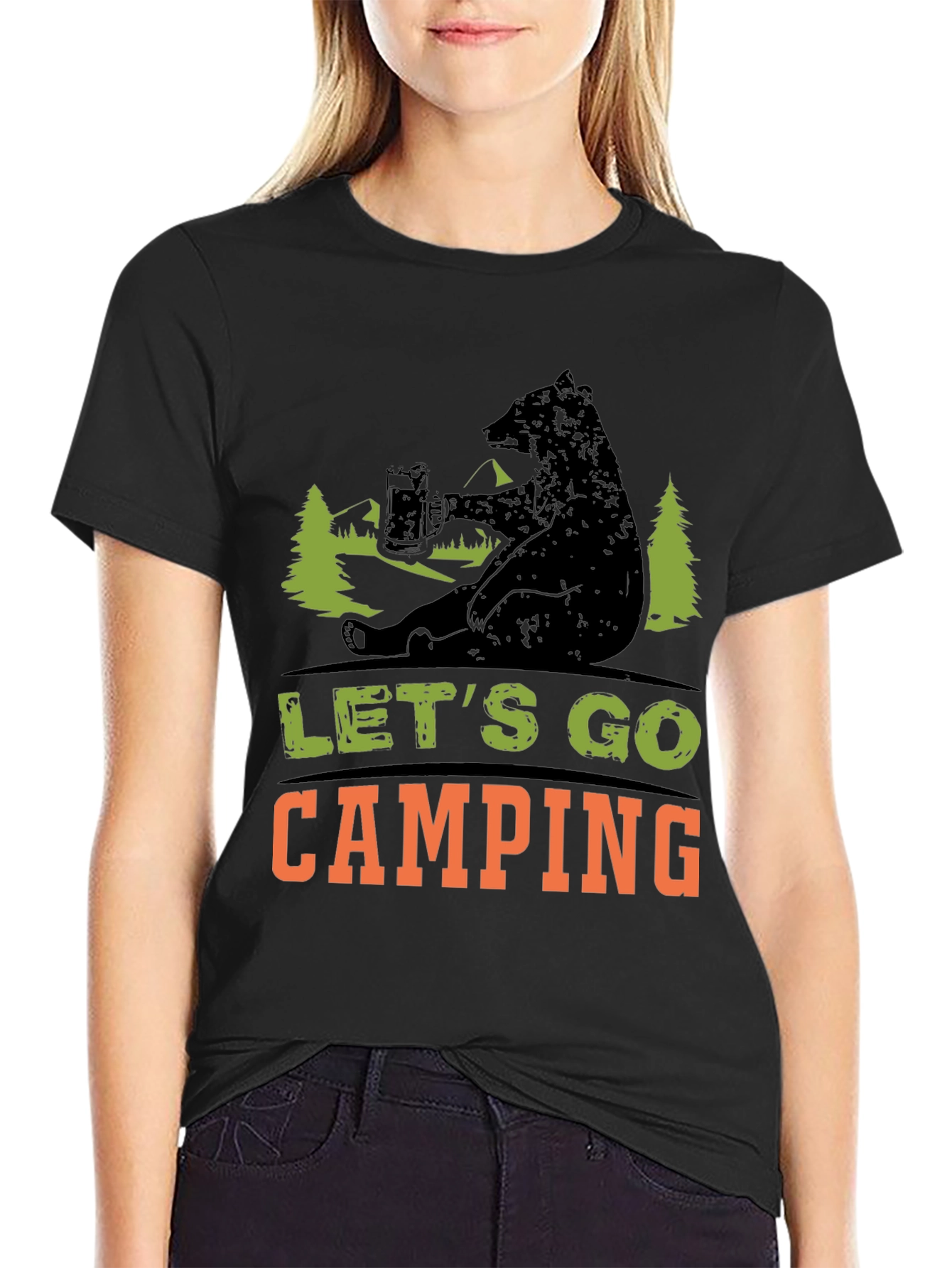 Black Let's Go Camping Bear T-Shirt view 2