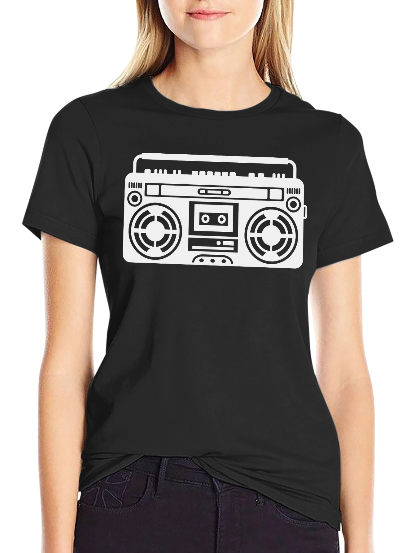 Black Retro Boombox Graphic Tee - Black Cotton T-Shirt view 2
